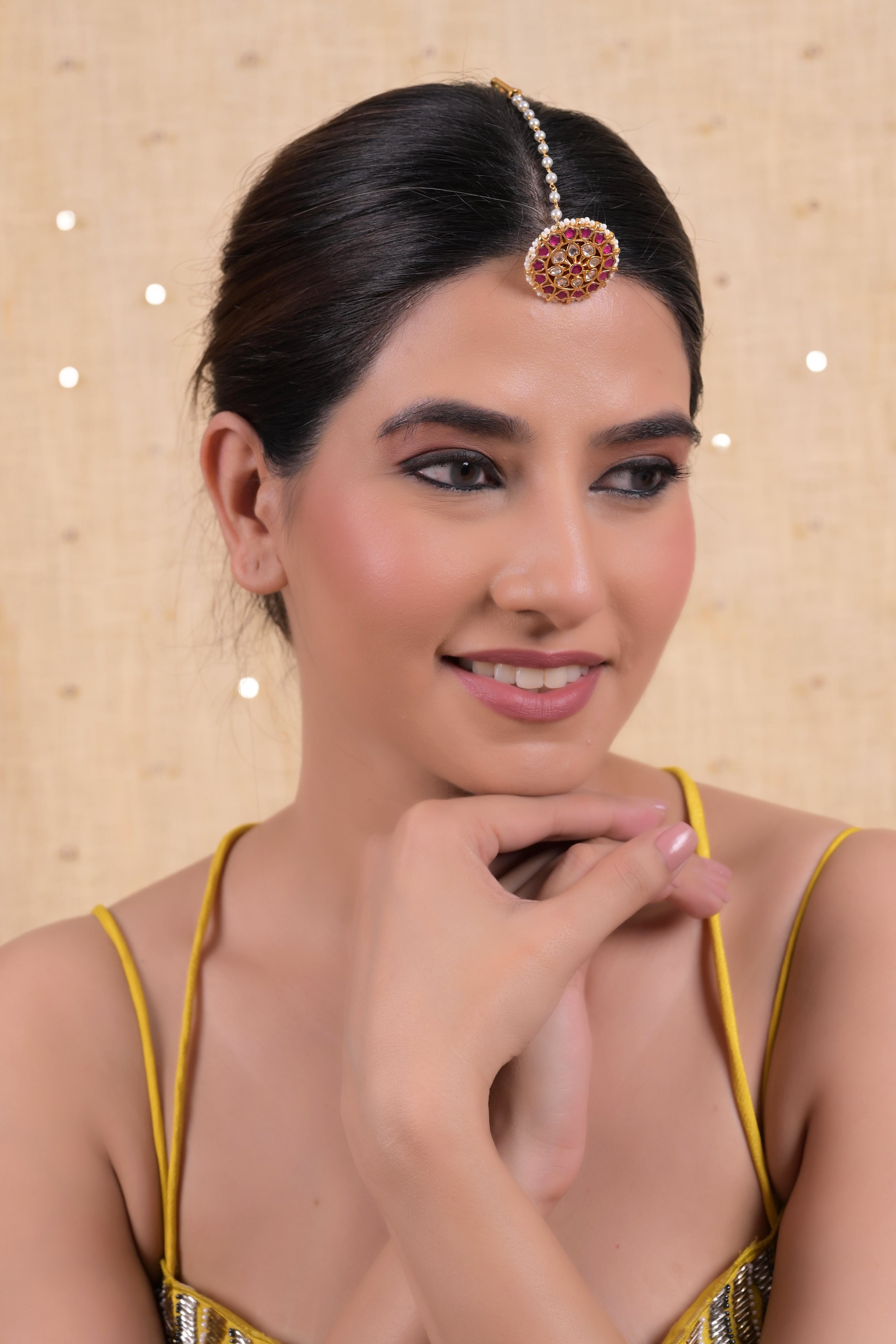 SJT1040- Pink and White Colour Gold Plated Jadau Kundan Maang Tika