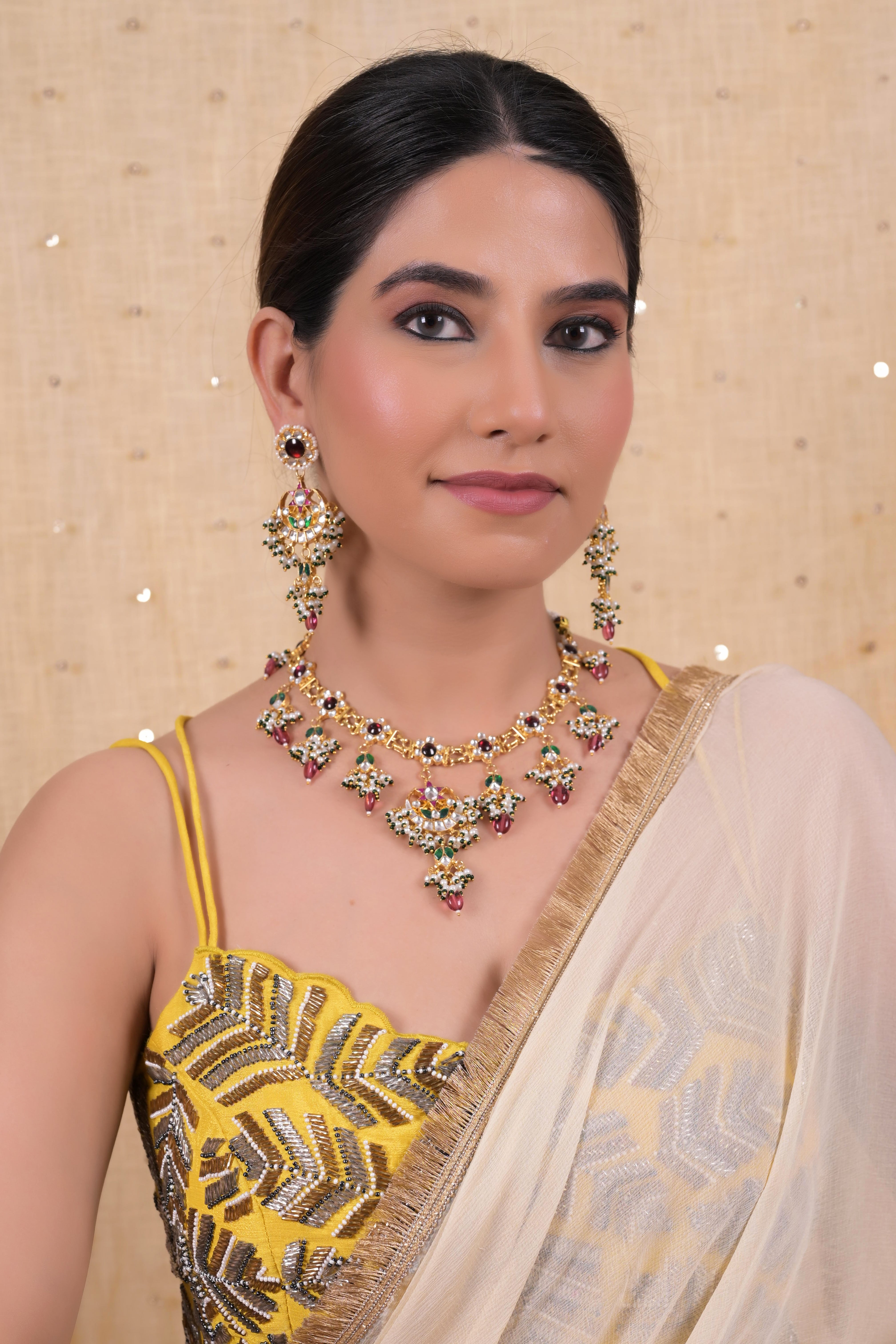 SJN1116- Multi Colour Gold Plated Jadau Kundan Necklace Set