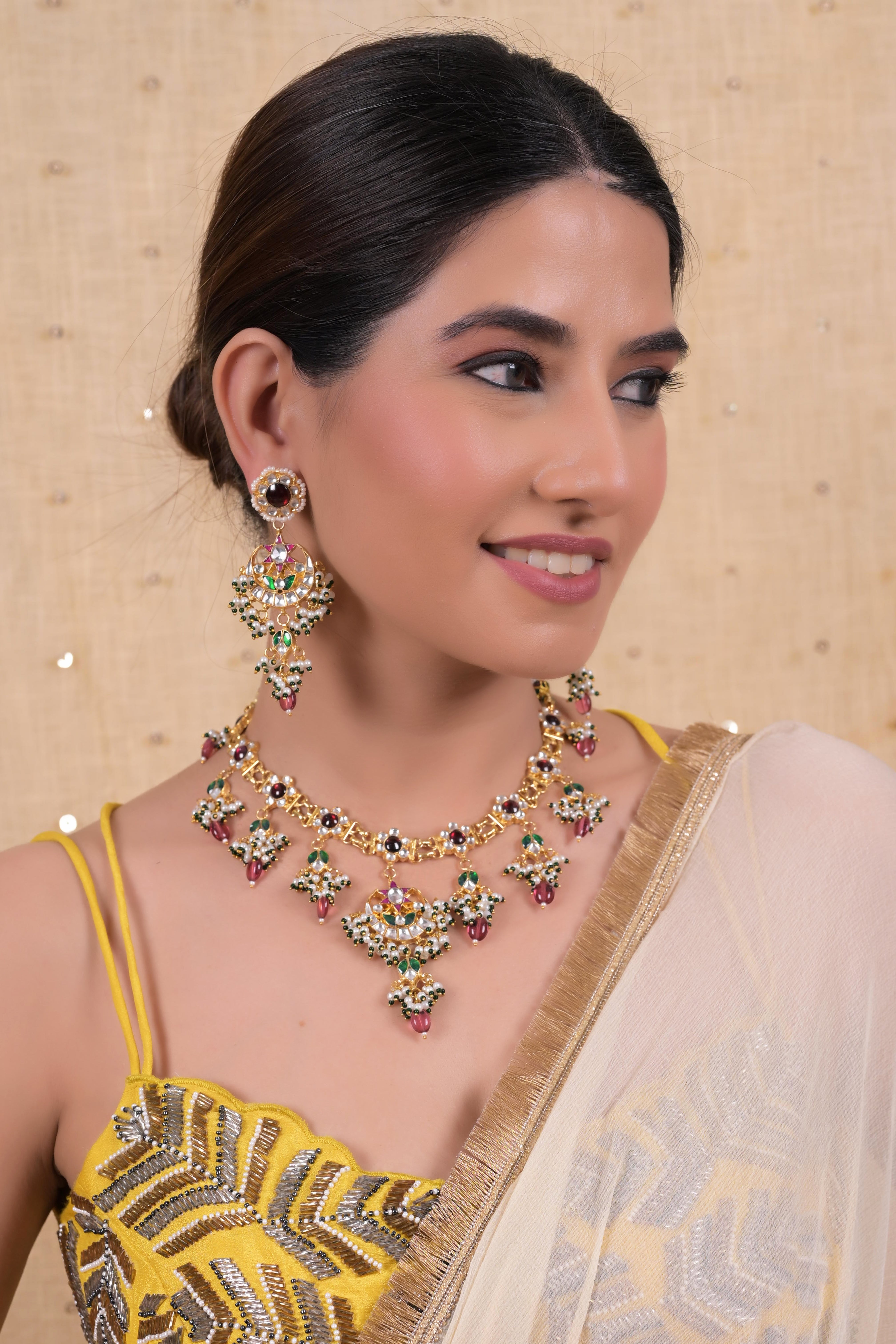 SJN1116- Multi Colour Gold Plated Jadau Kundan Necklace Set