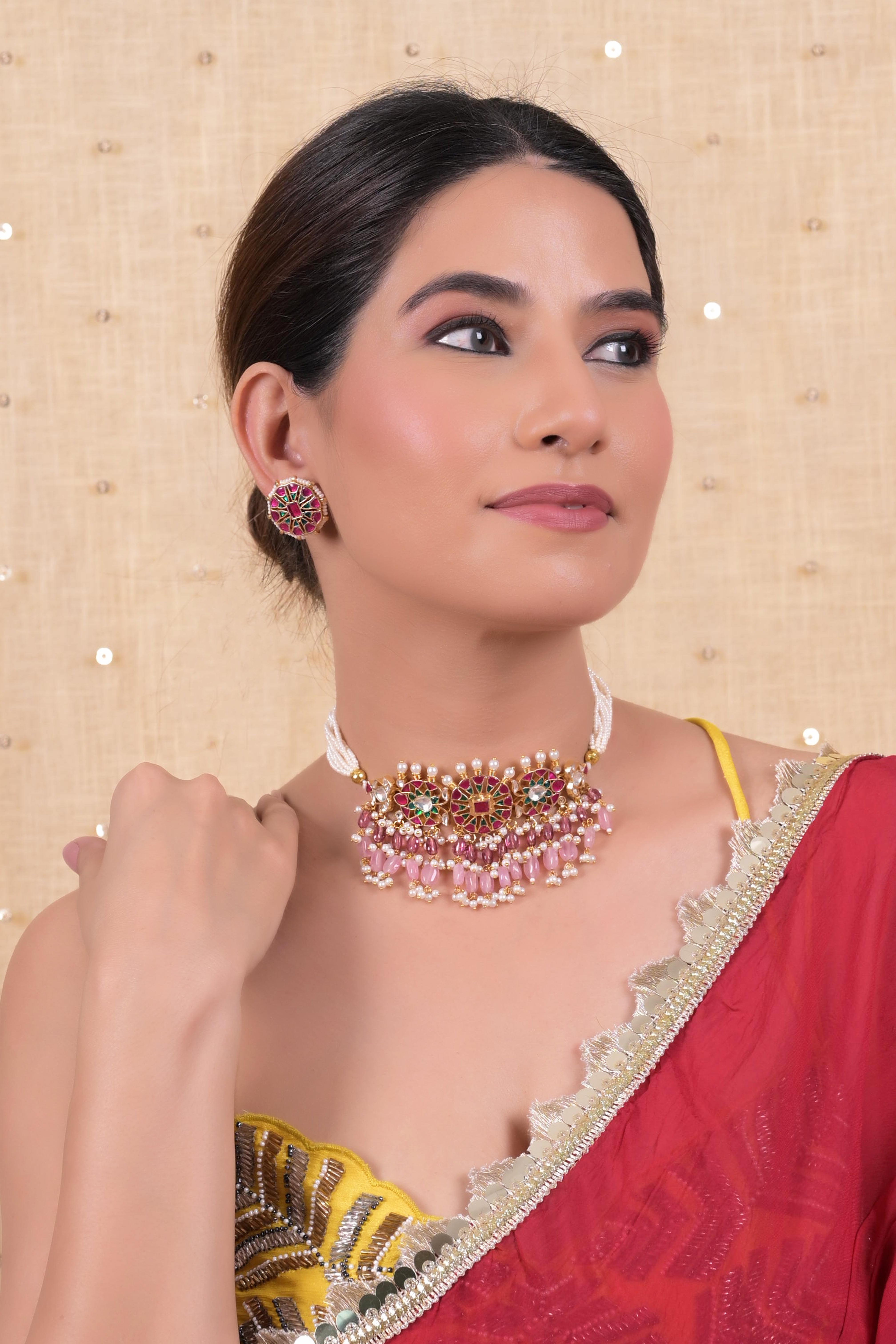 SJN1121- Multi Colour Gold Plated Jadau Kundan Choker Set
