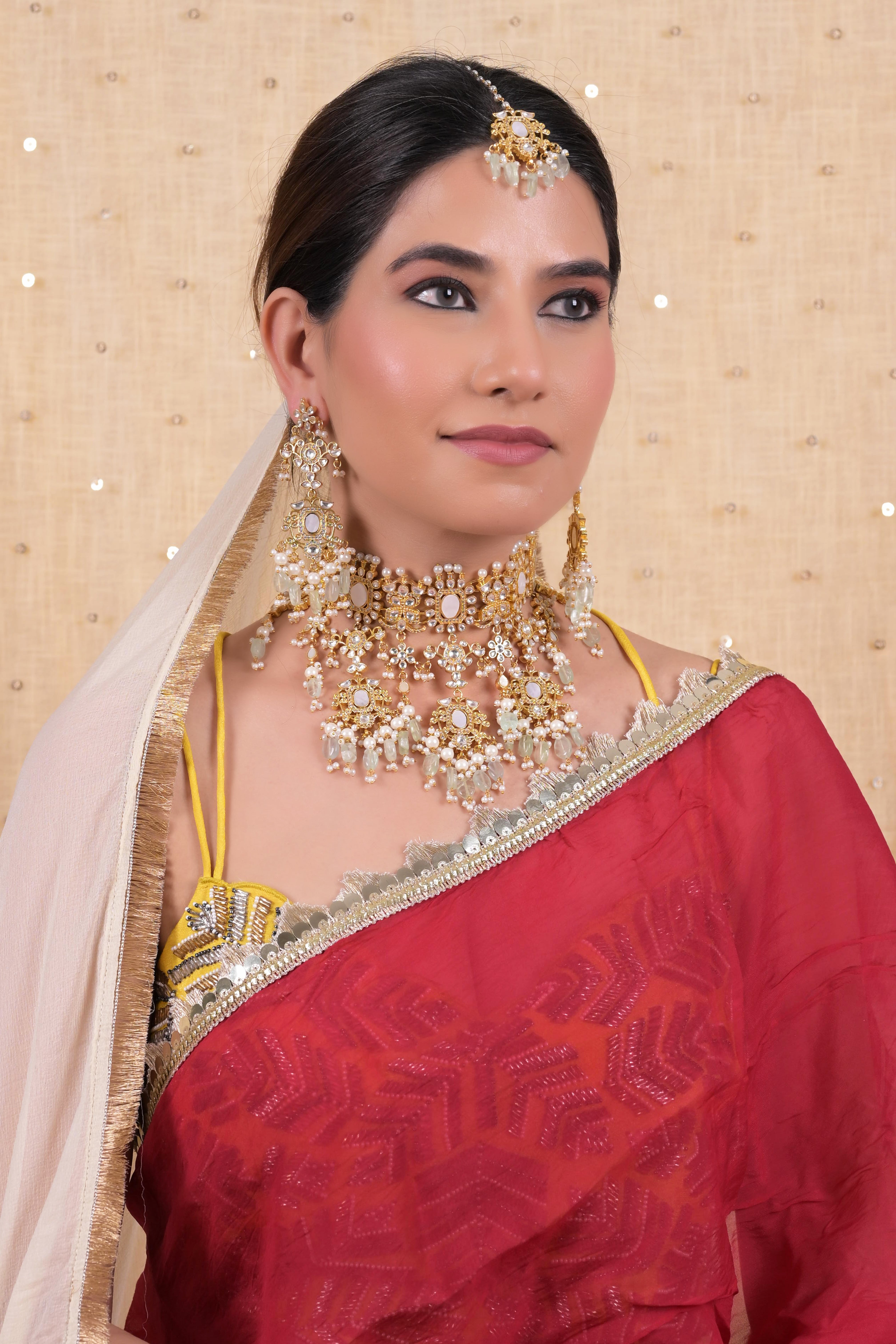 SJN1125- White Colour Gold Plated Mother of Pearl Necklace with Earrings