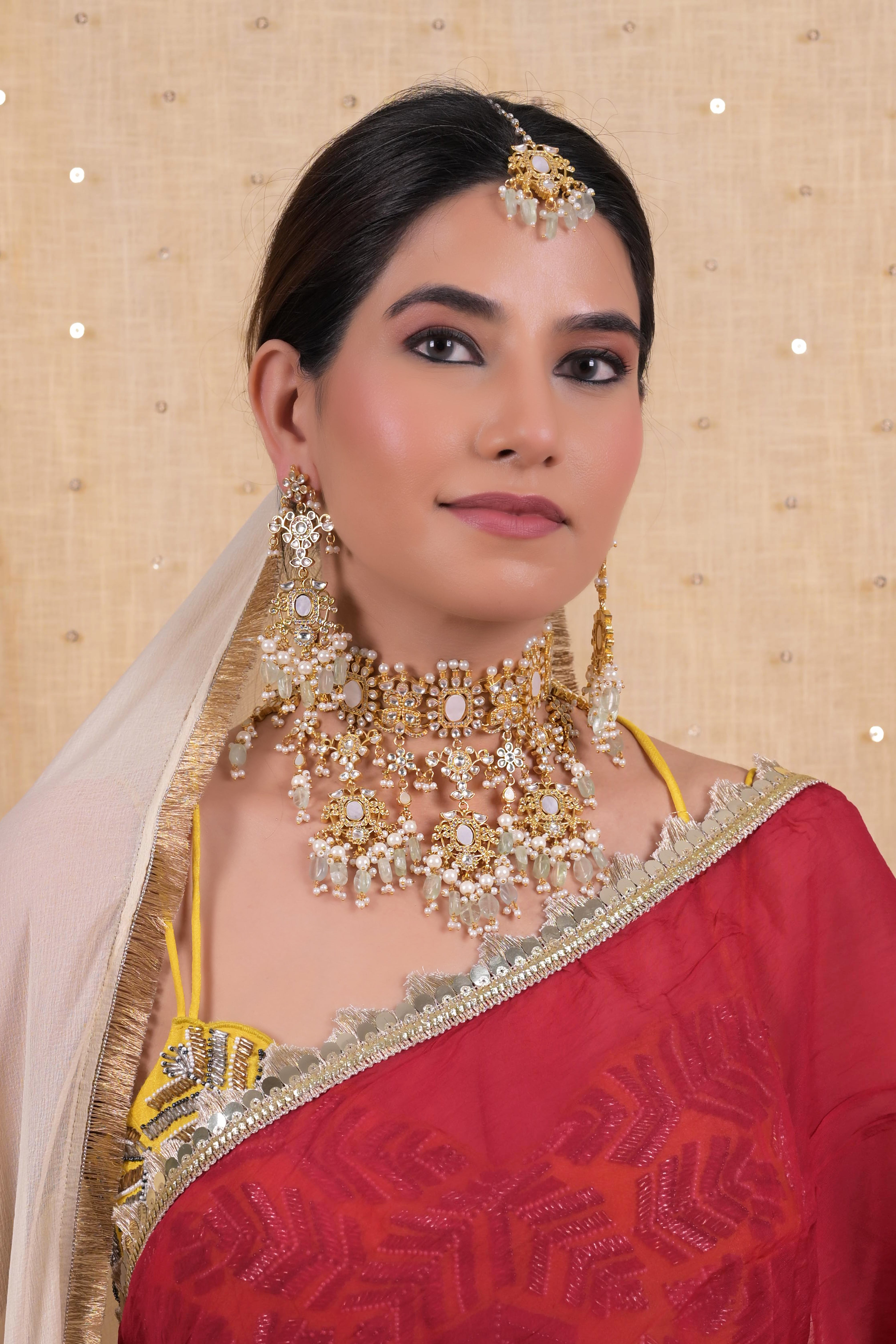 SJN1125- White Colour Gold Plated Mother of Pearl Necklace with Earrings