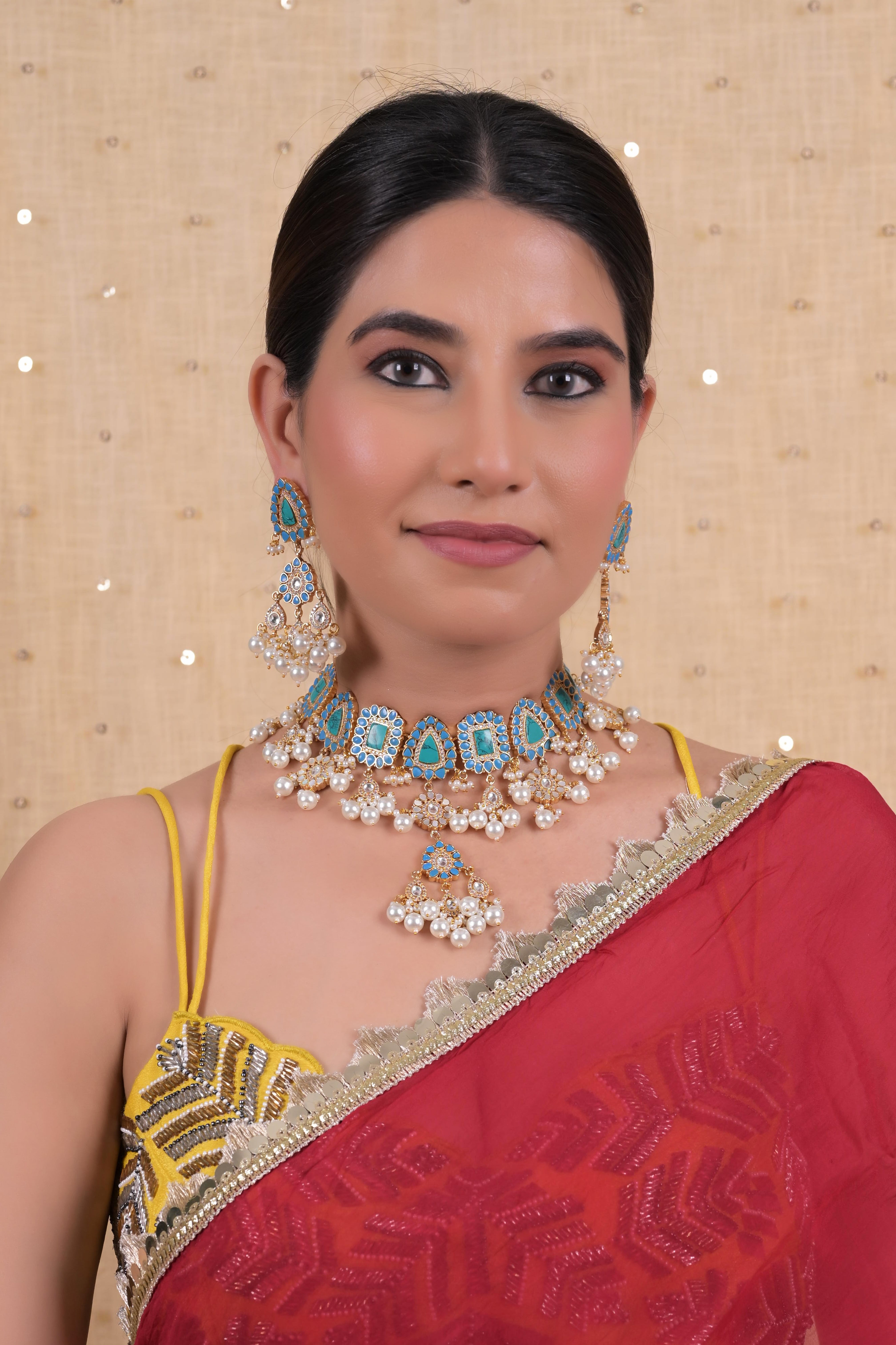 SJN1127- Firoza Colour Gold Plated Jadau Kundan Necklace with Earrings