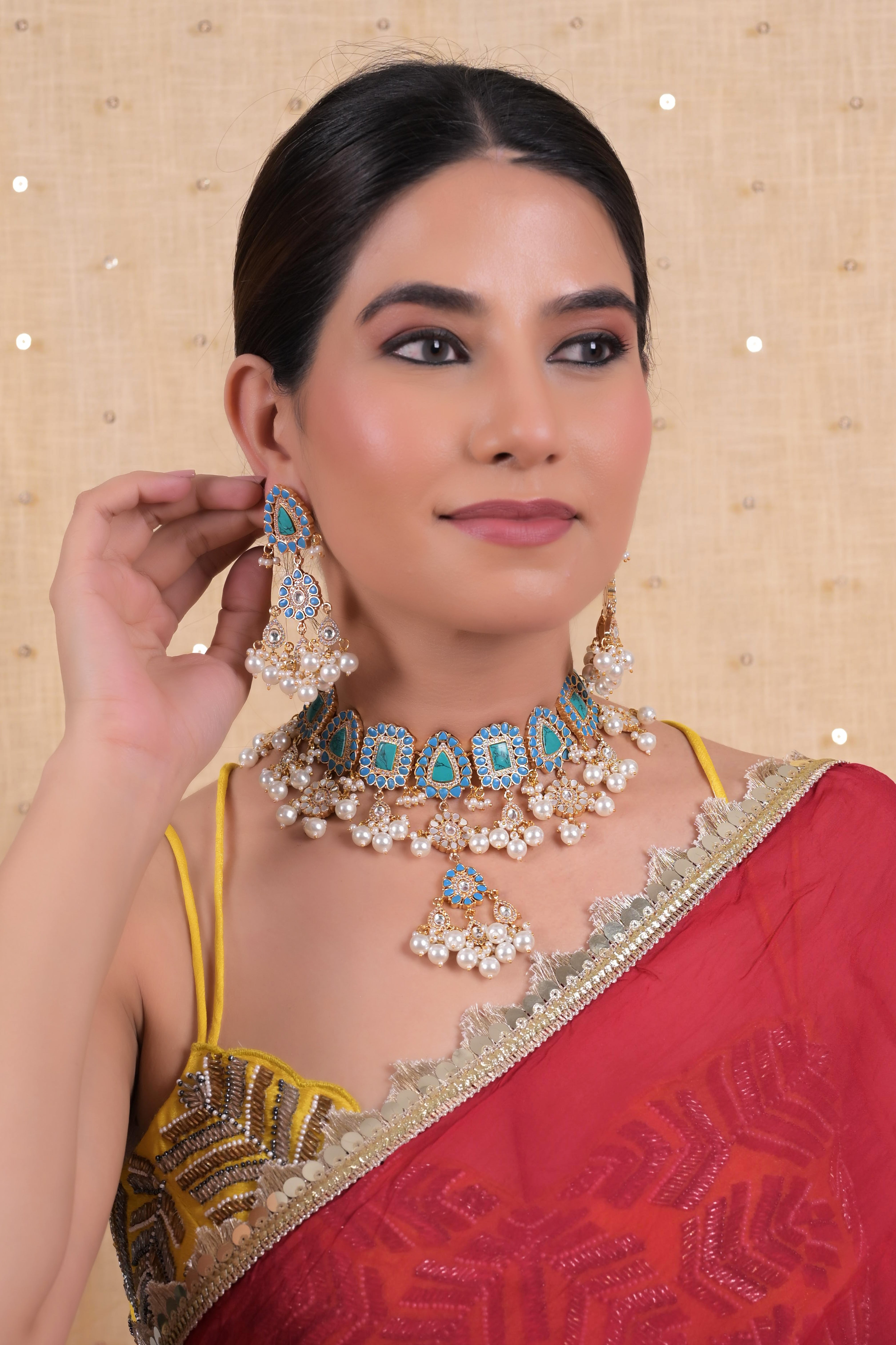 SJN1127- Firoza Colour Gold Plated Jadau Kundan Necklace with Earrings
