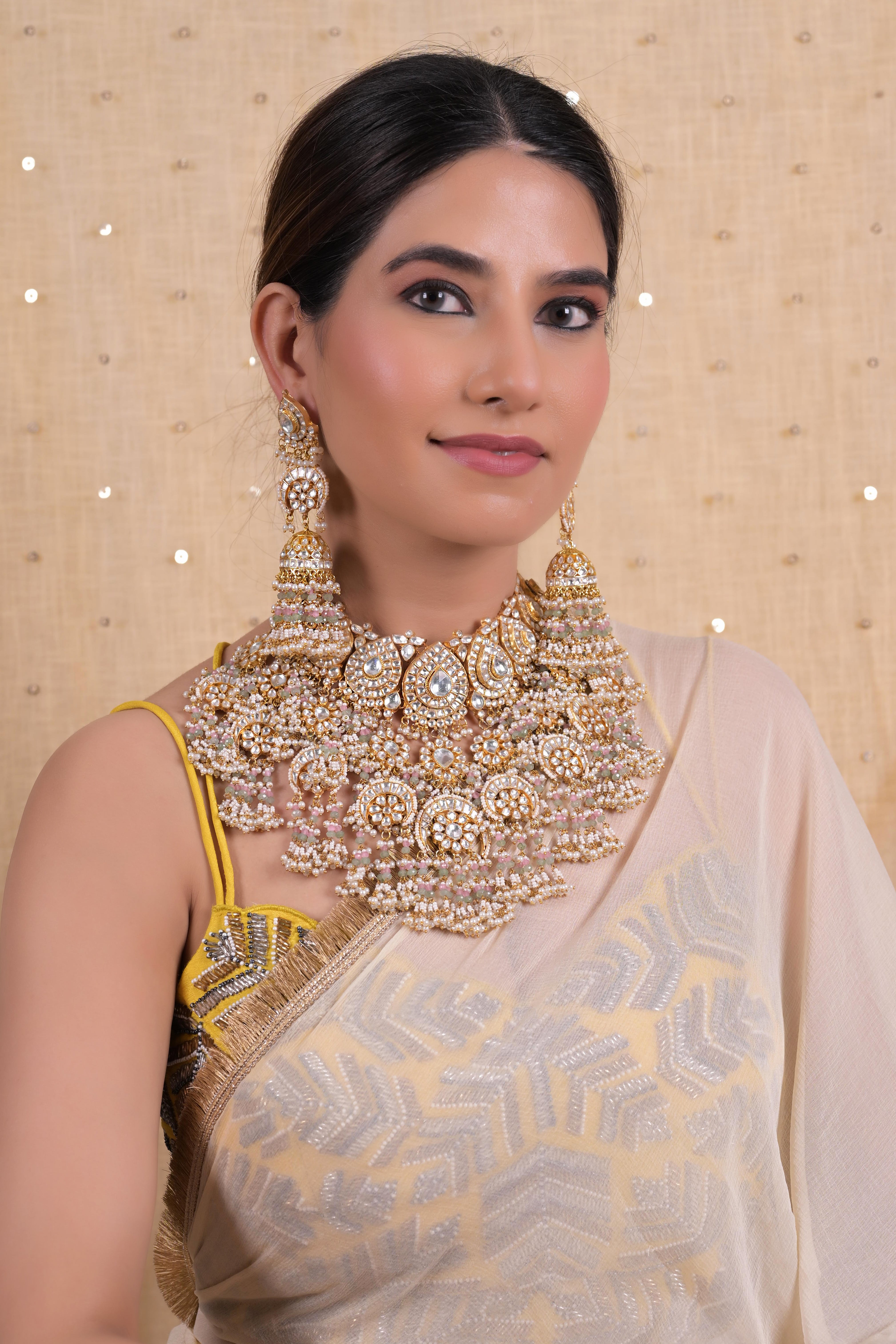 SJN1128- White Colour Gold Plated Jadau Kundan Necklace with Earrings