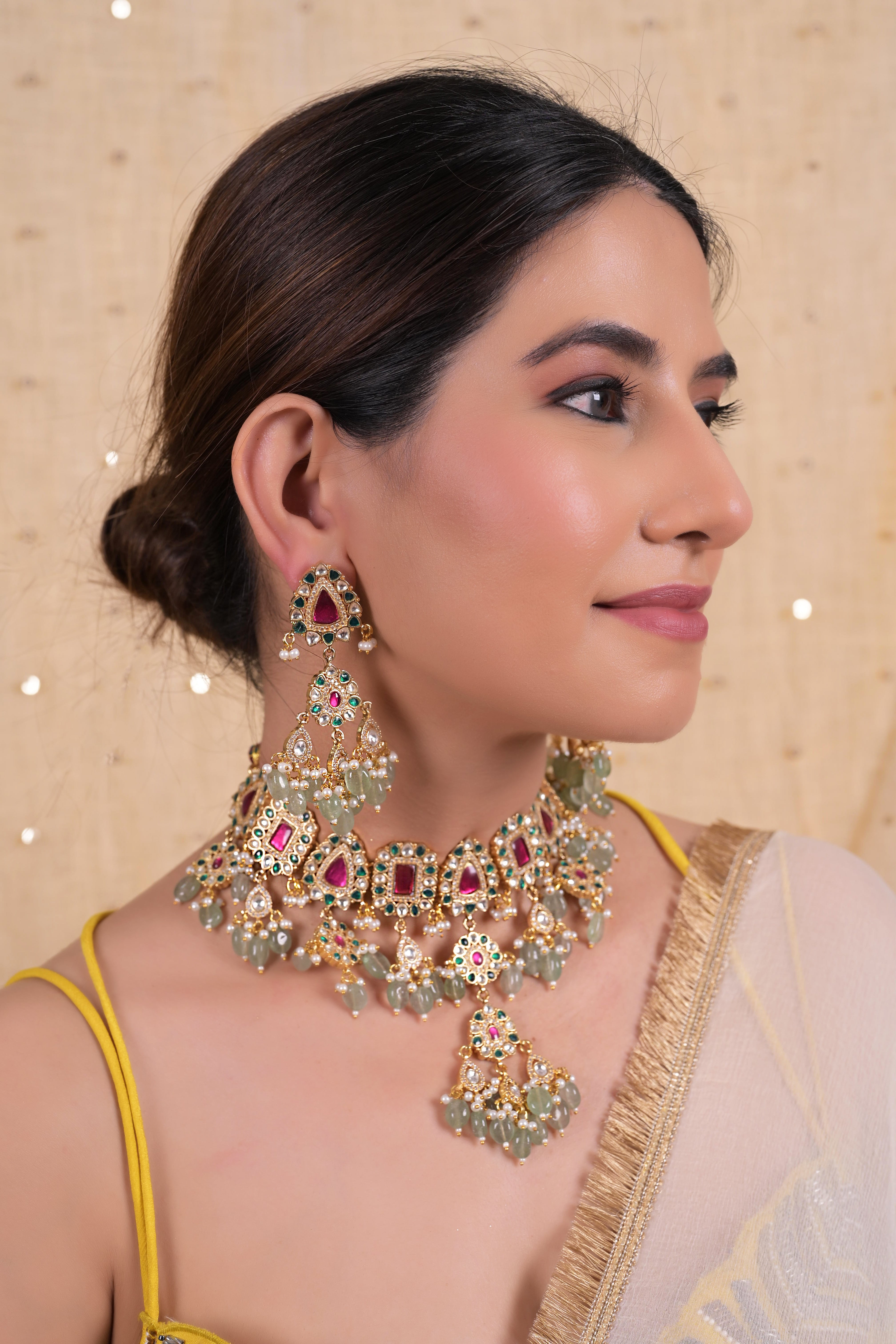 SJN1129- Multi Colour Gold Plated Jadau Kundan Necklace with Earrings