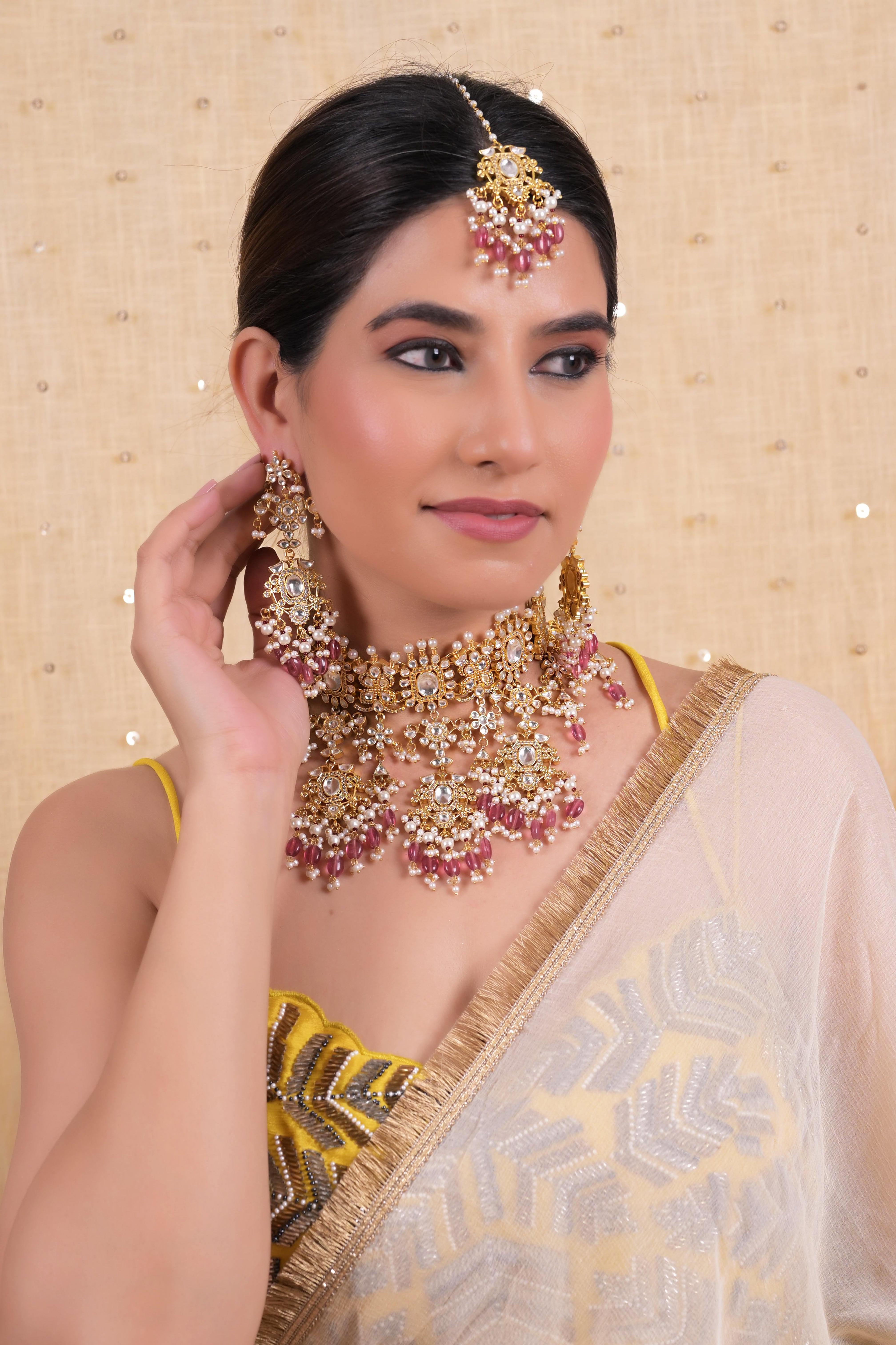 SJN1130- White Colour Gold Plated Jadau Kundan Necklace with Earrings