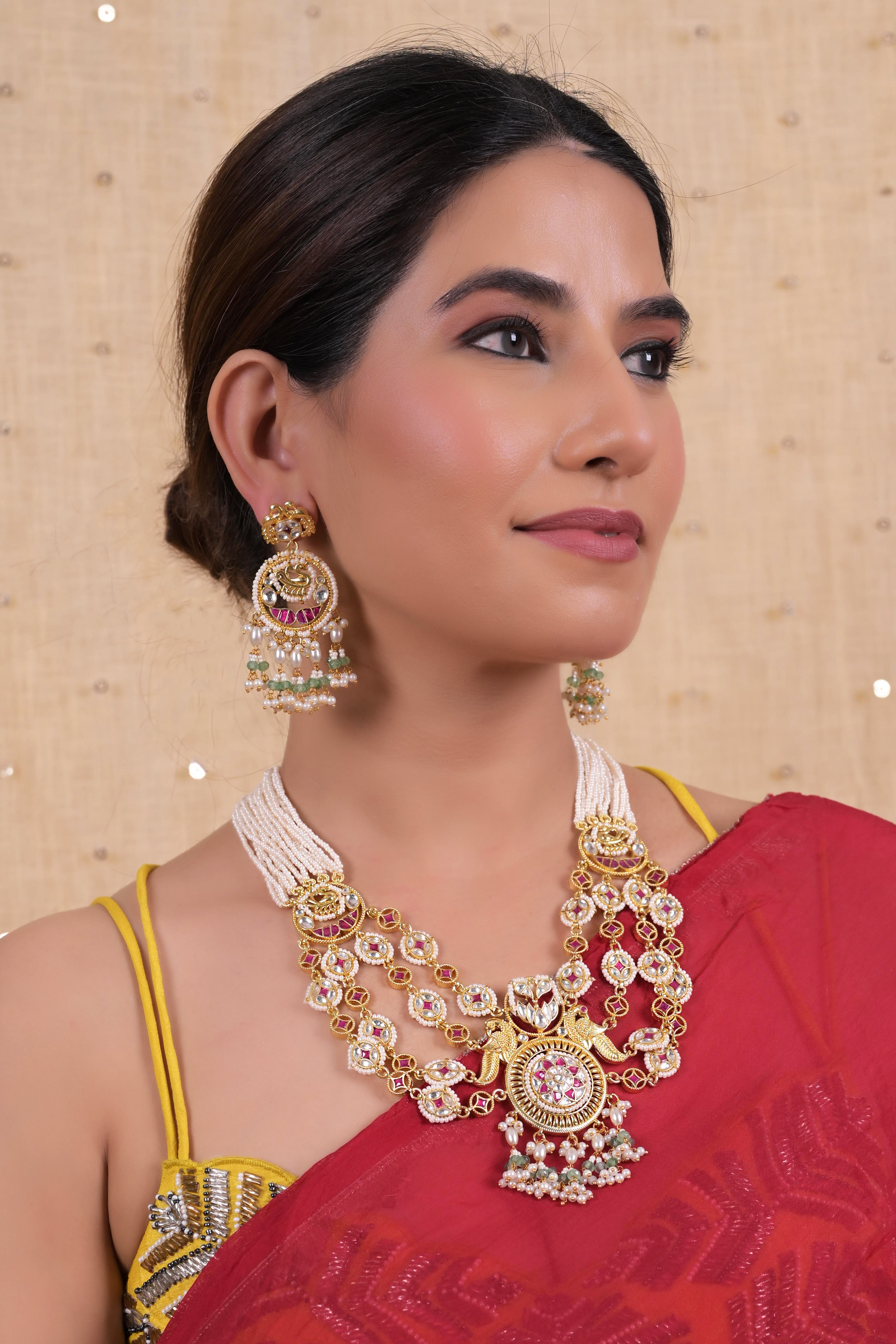 SJN1132- Multi Colour Gold Plated Jadau Kundan Necklace with Earrings