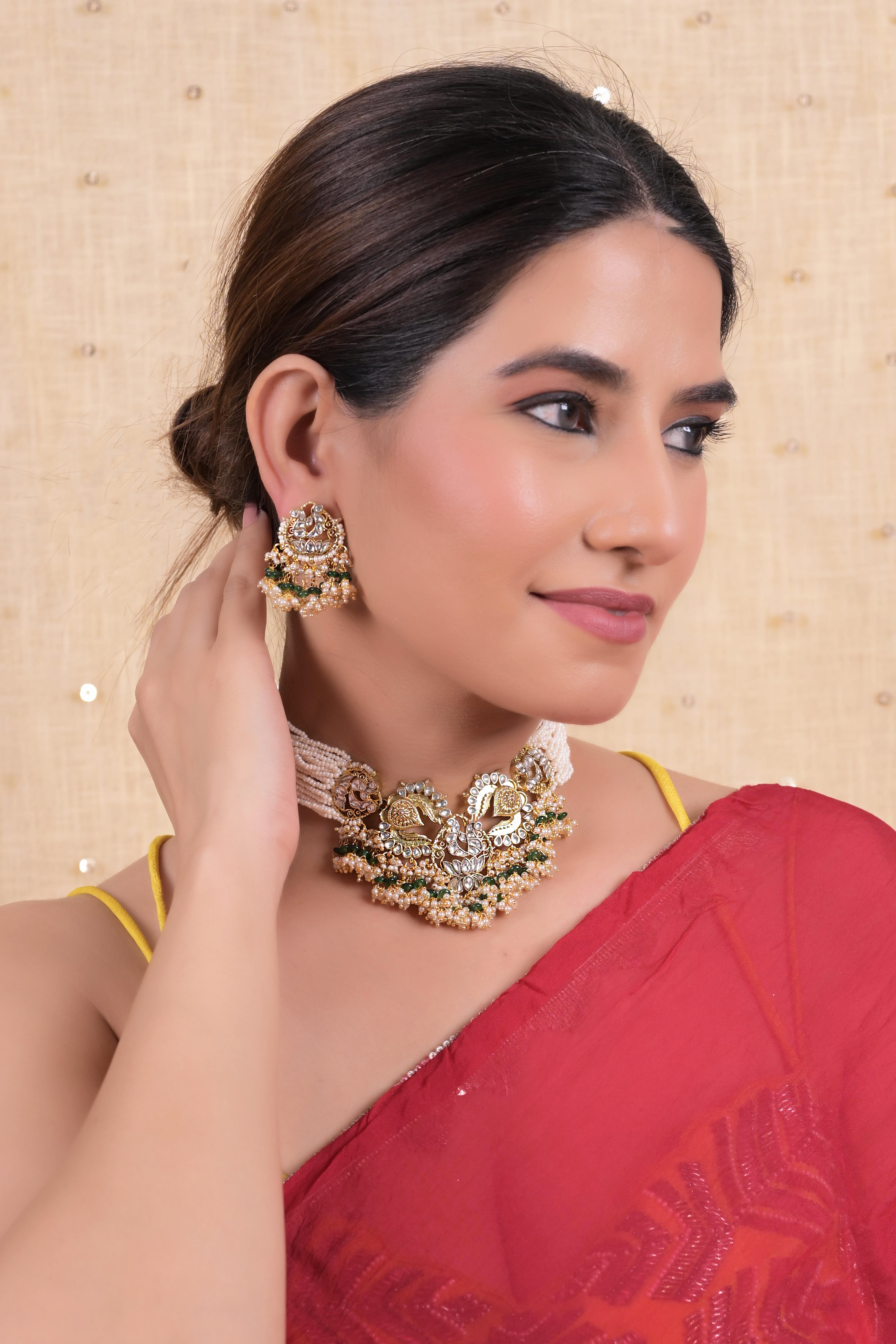 SJN1133- White Colour Gold Plated Jadau Kundan Choker with Earrings