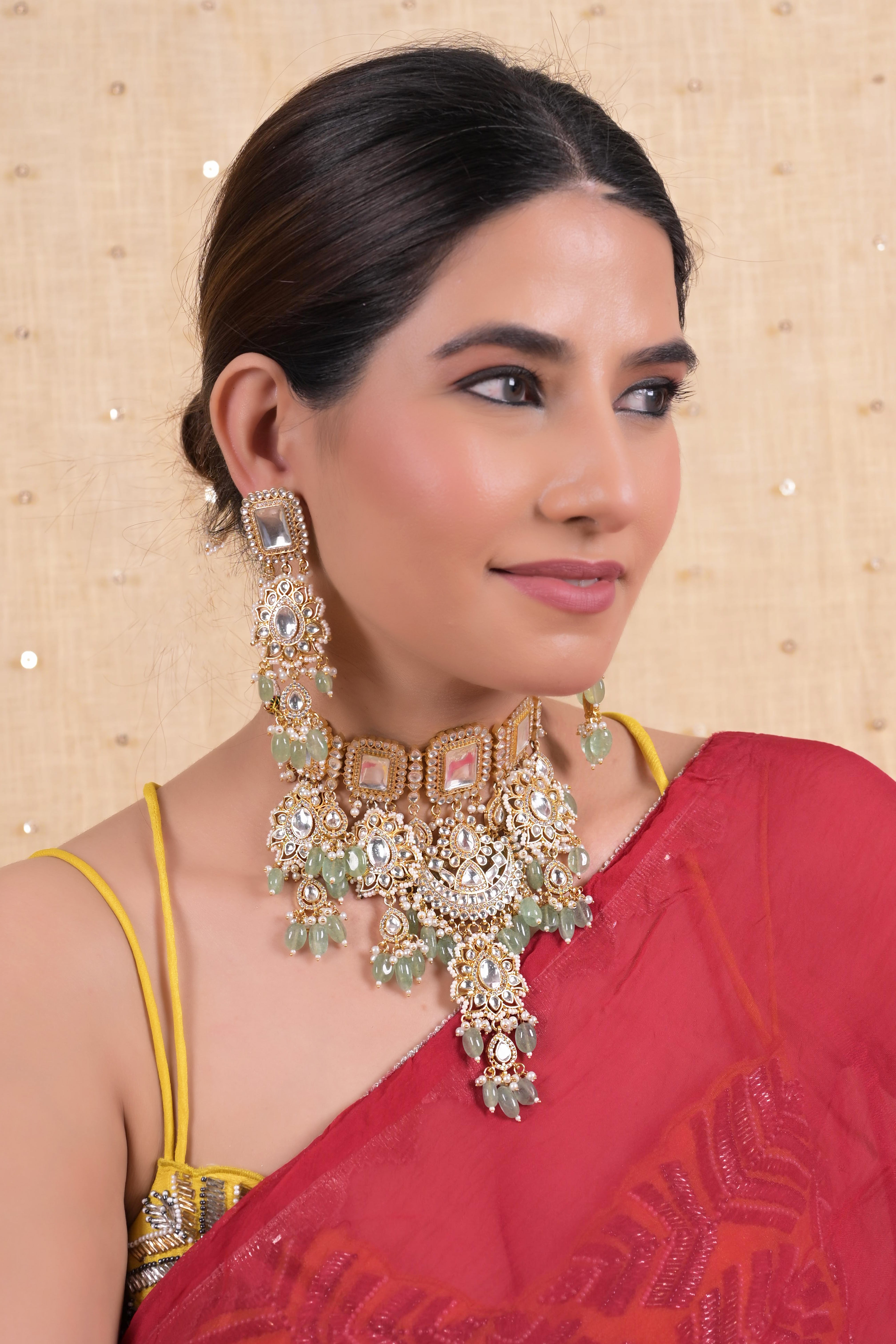 SJN1134- White Colour Gold Plated Jadau Kundan Necklace with Earrings