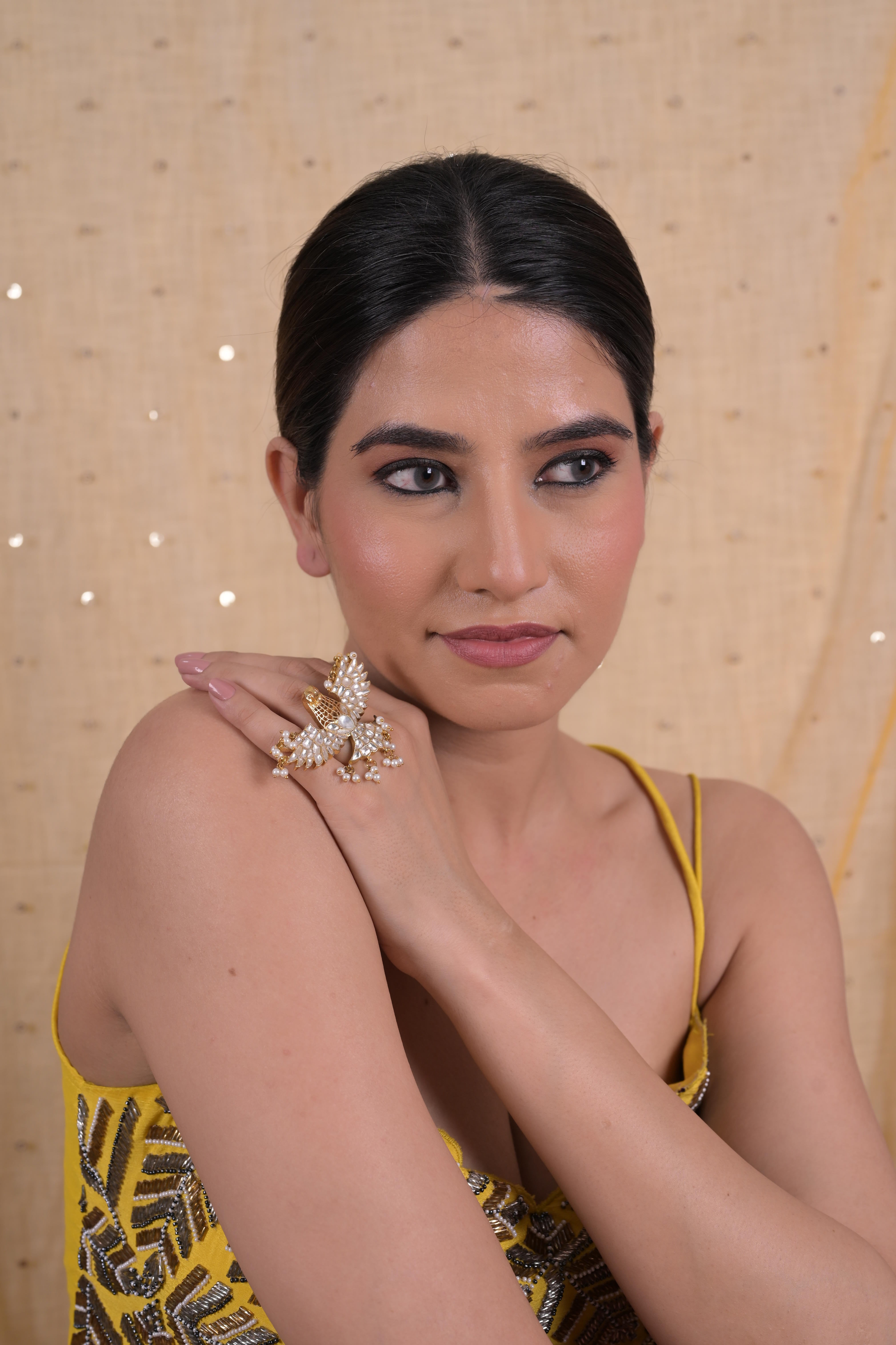SJR0020- White Colour Eagle Motif Gold Plated Jadau Kundan Ring