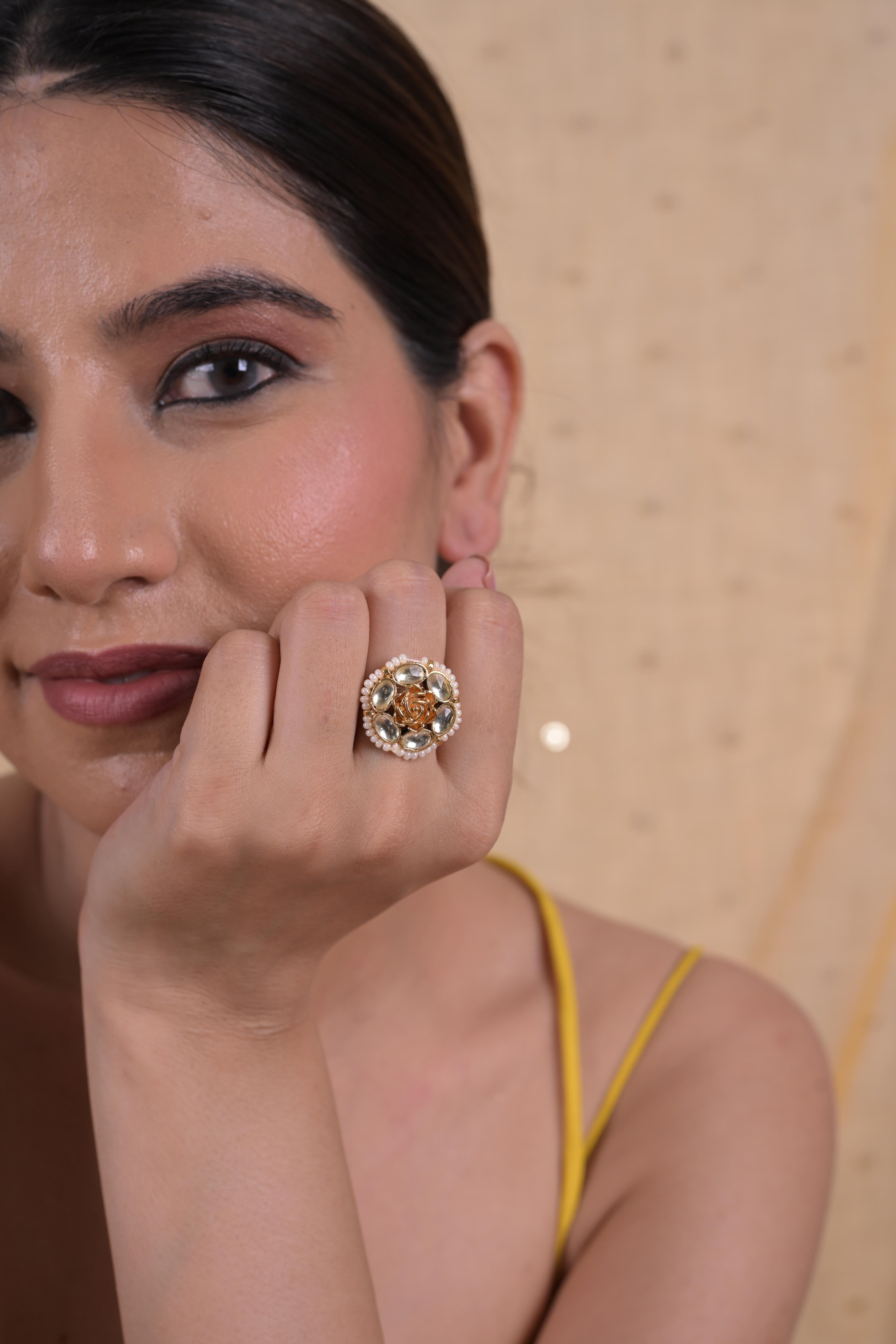 SJR0024- Pink Colour Gold Plated Jadau Kundan Ring