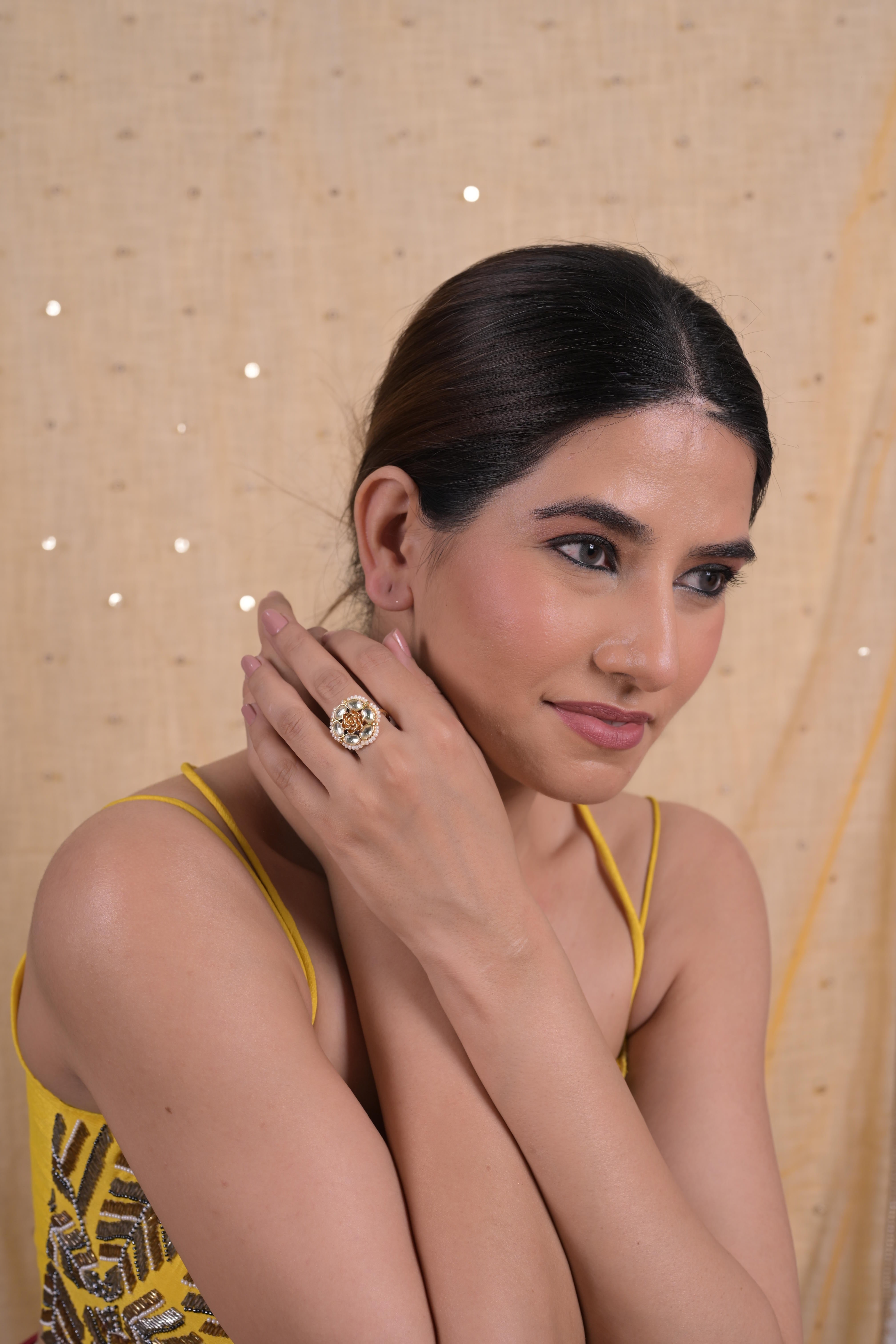 SJR0024- White Colour Gold Plated Jadau Kundan Ring