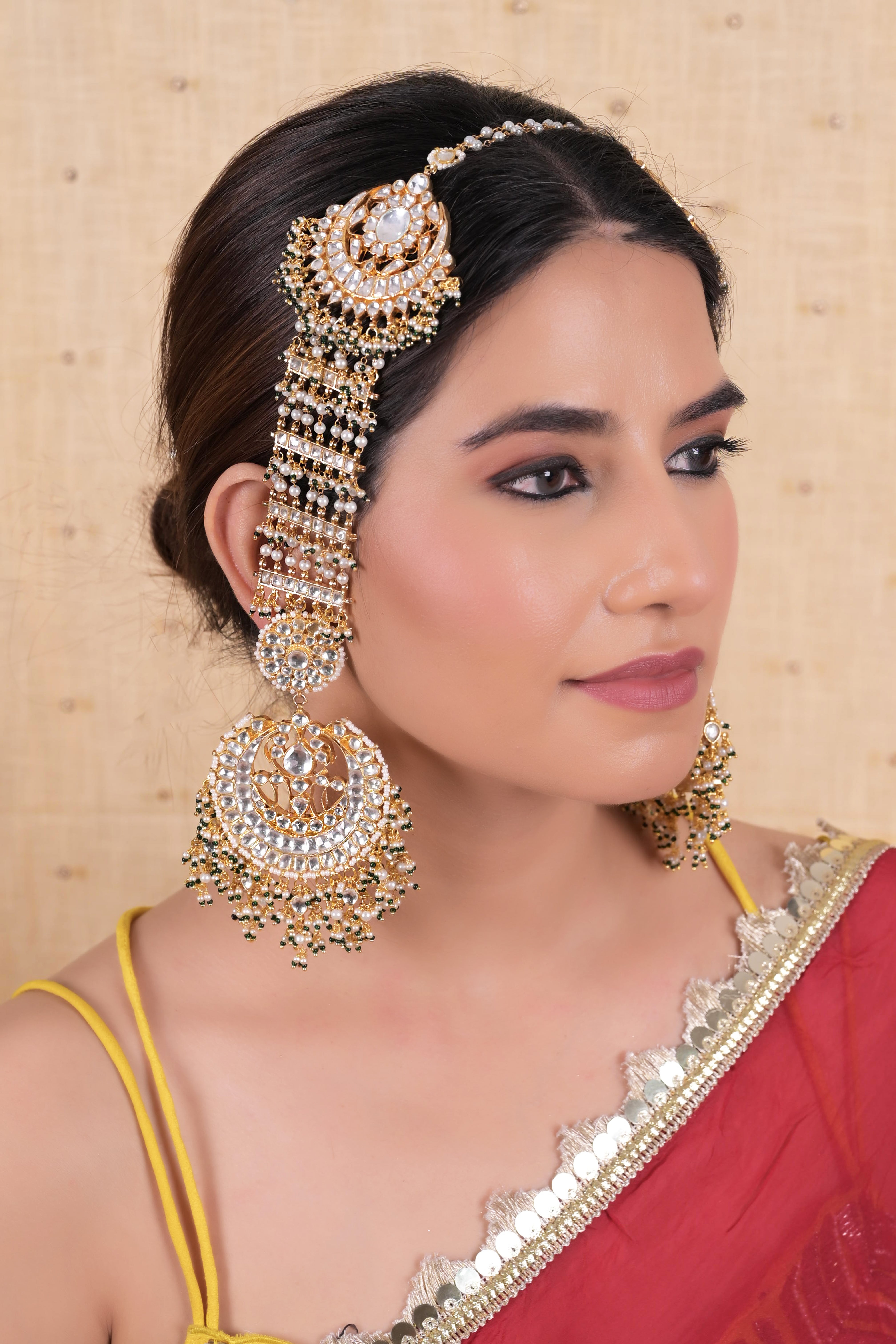 SJE1058- White and Green Colour Gold Plated Jadau kundan Dangler Earrings