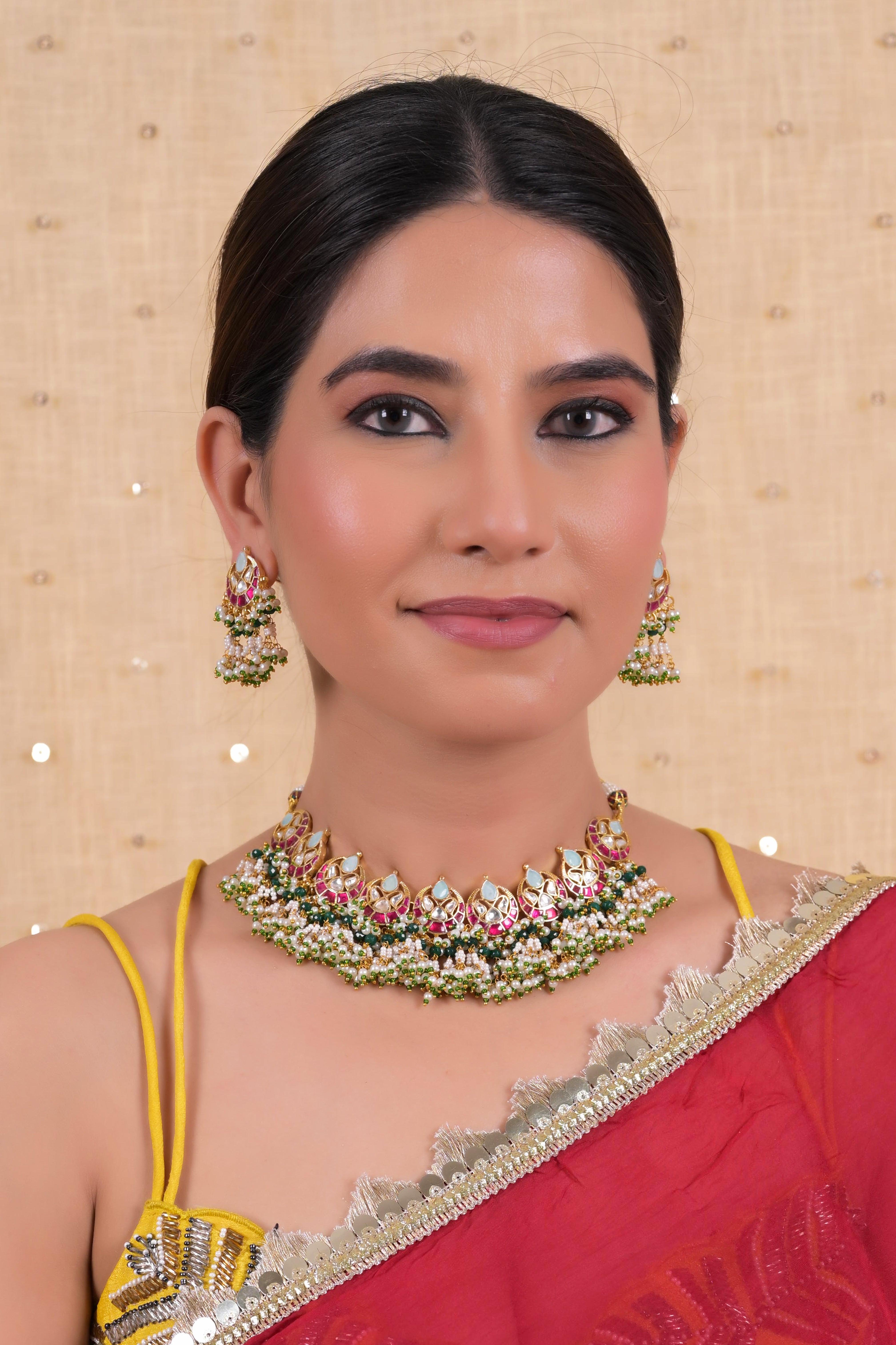 SJN1138- Multi Colour Gold Plated Jadau Kundan Necklace with Earrings