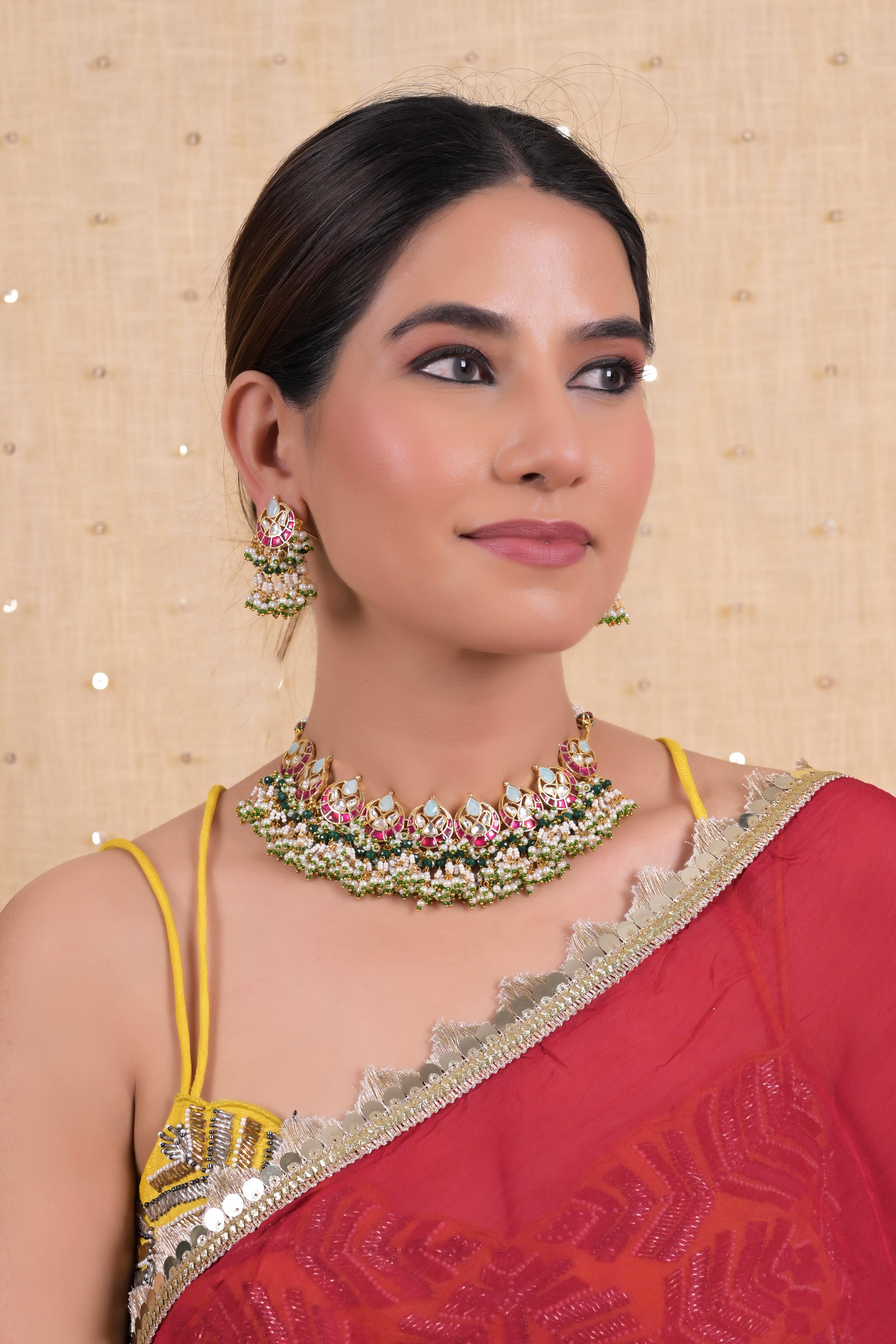 SJN1138- Multi Colour Gold Plated Jadau Kundan Necklace with Earrings