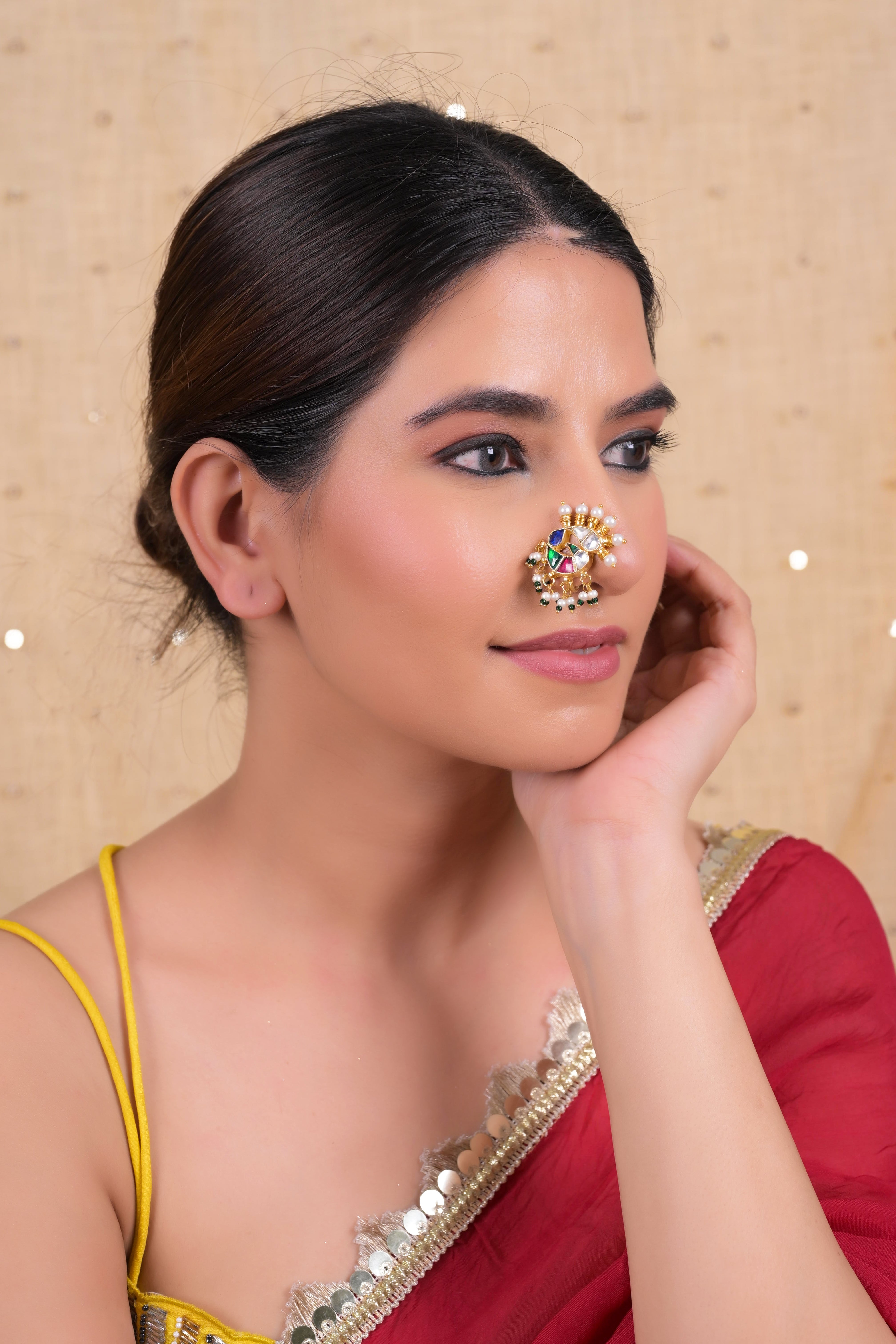 SJNR0006- Multi Colour Gold Plated Jadau Kundan Nose Pin