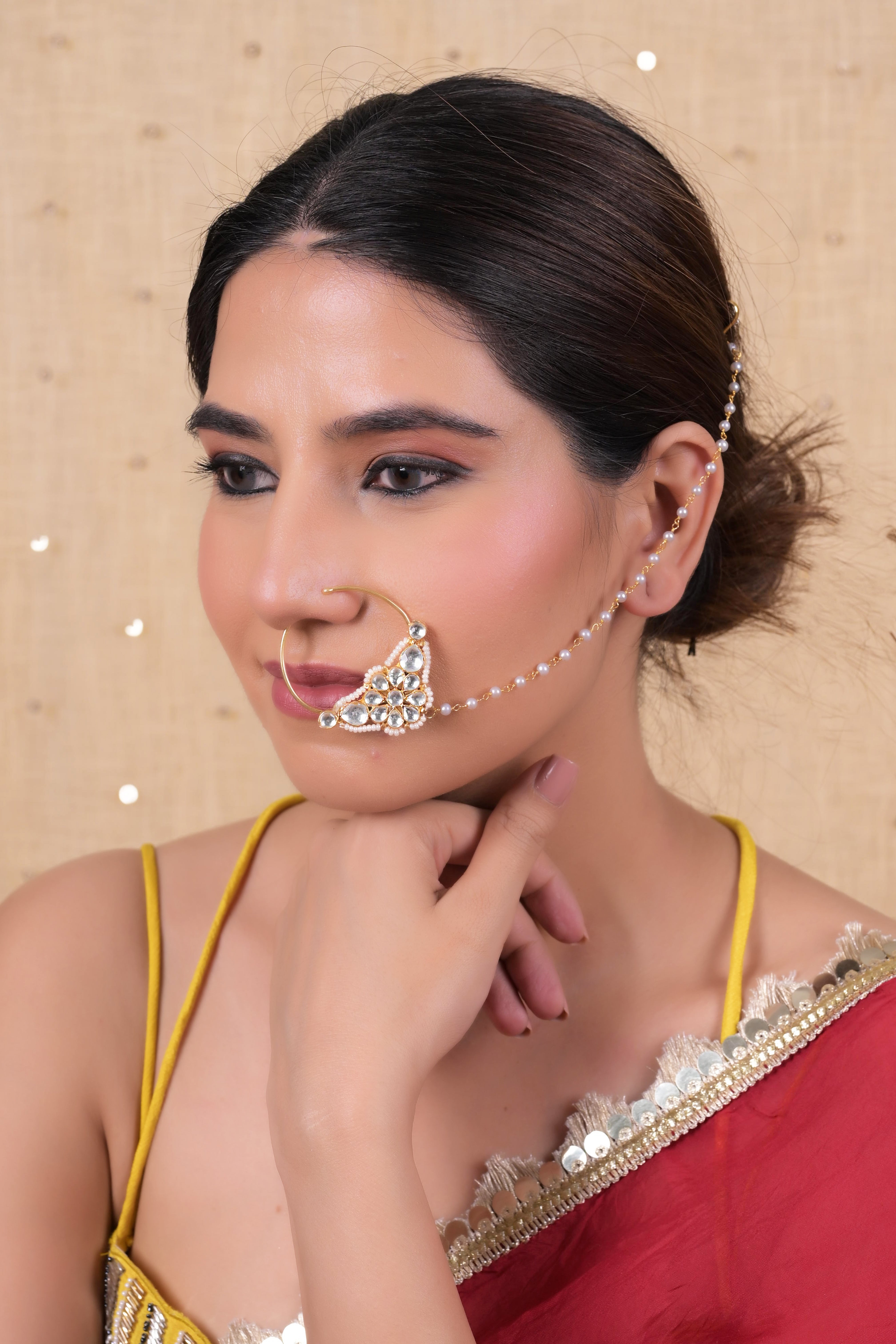 SJNR0005- White Colour Gold Plated Jadau Kundan Nose Ring