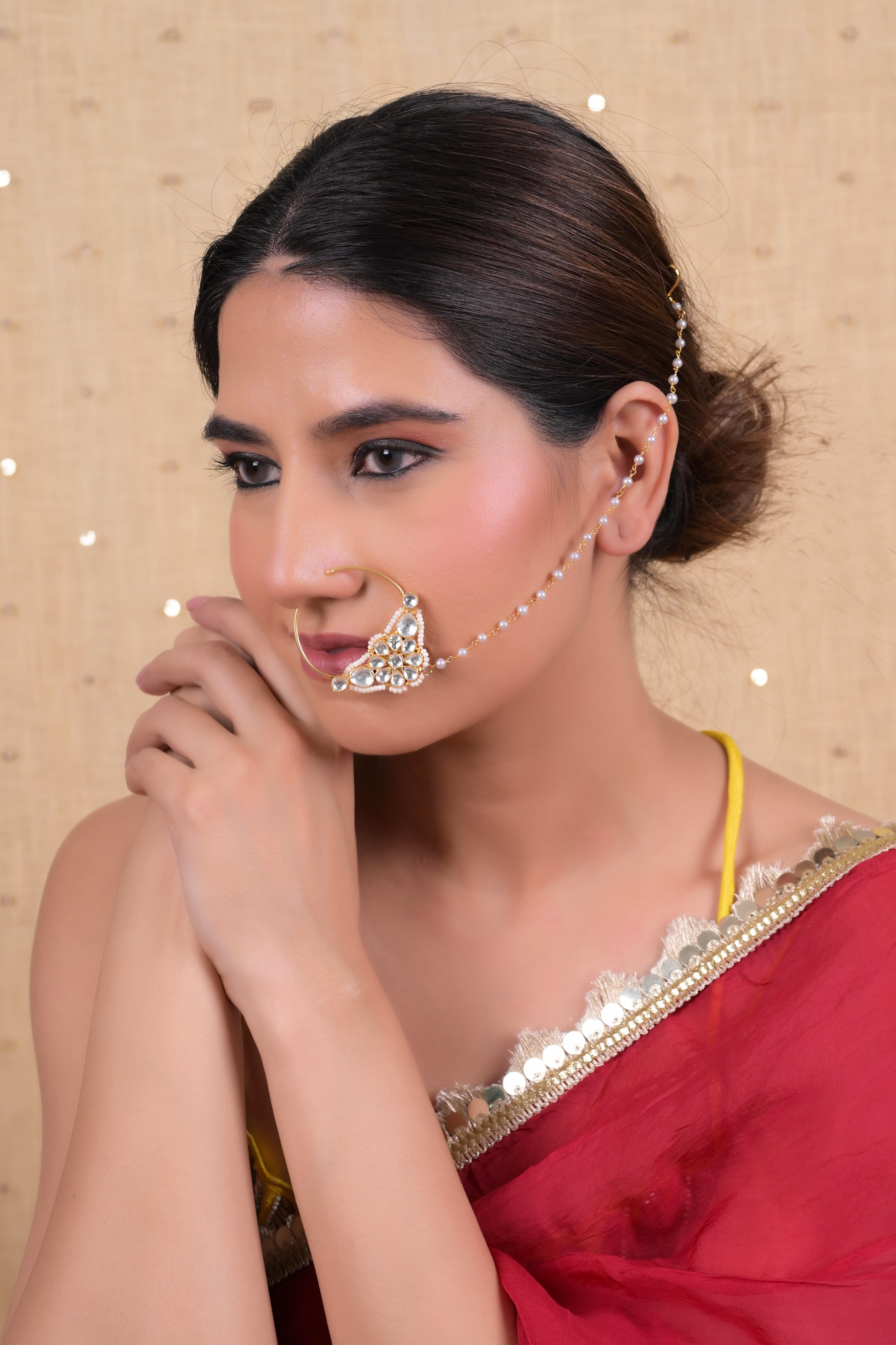 SJNR0005- White Colour Gold Plated Jadau Kundan Nose Ring