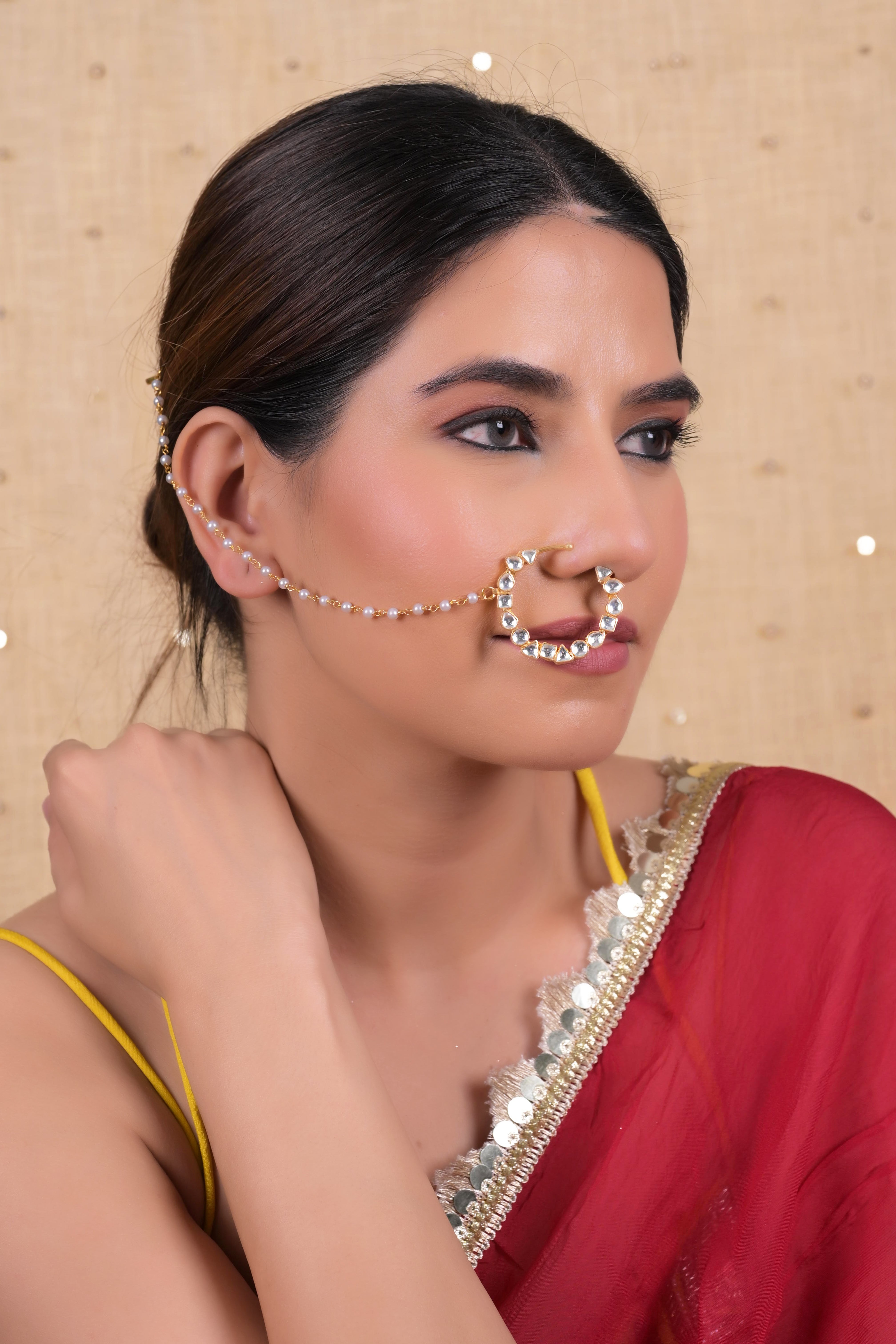 SJNR0011- White Colour Gold Plated Kundan Nose Ring