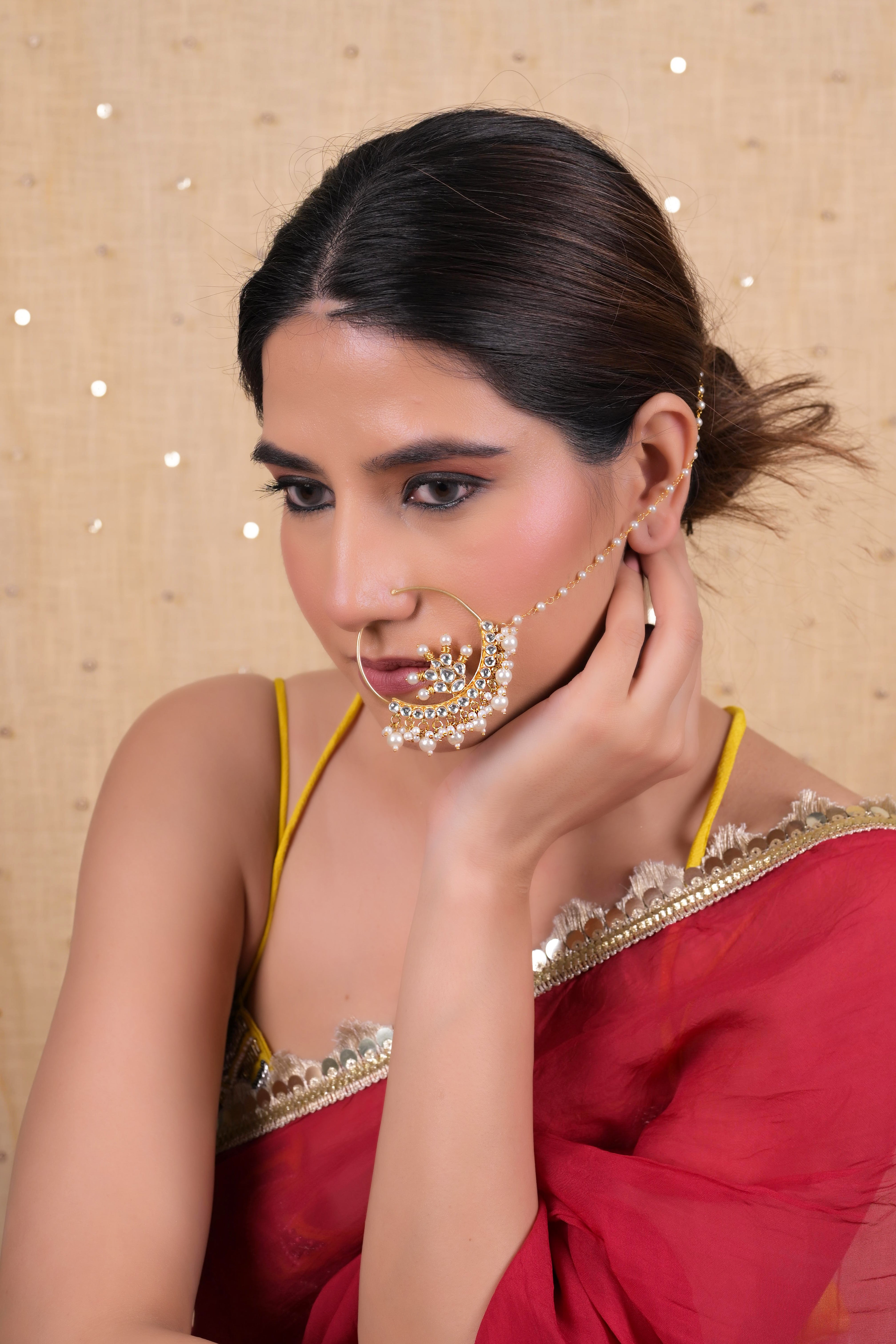 SJNR0012- White Colour Gold Plated Kundan Nose Ring