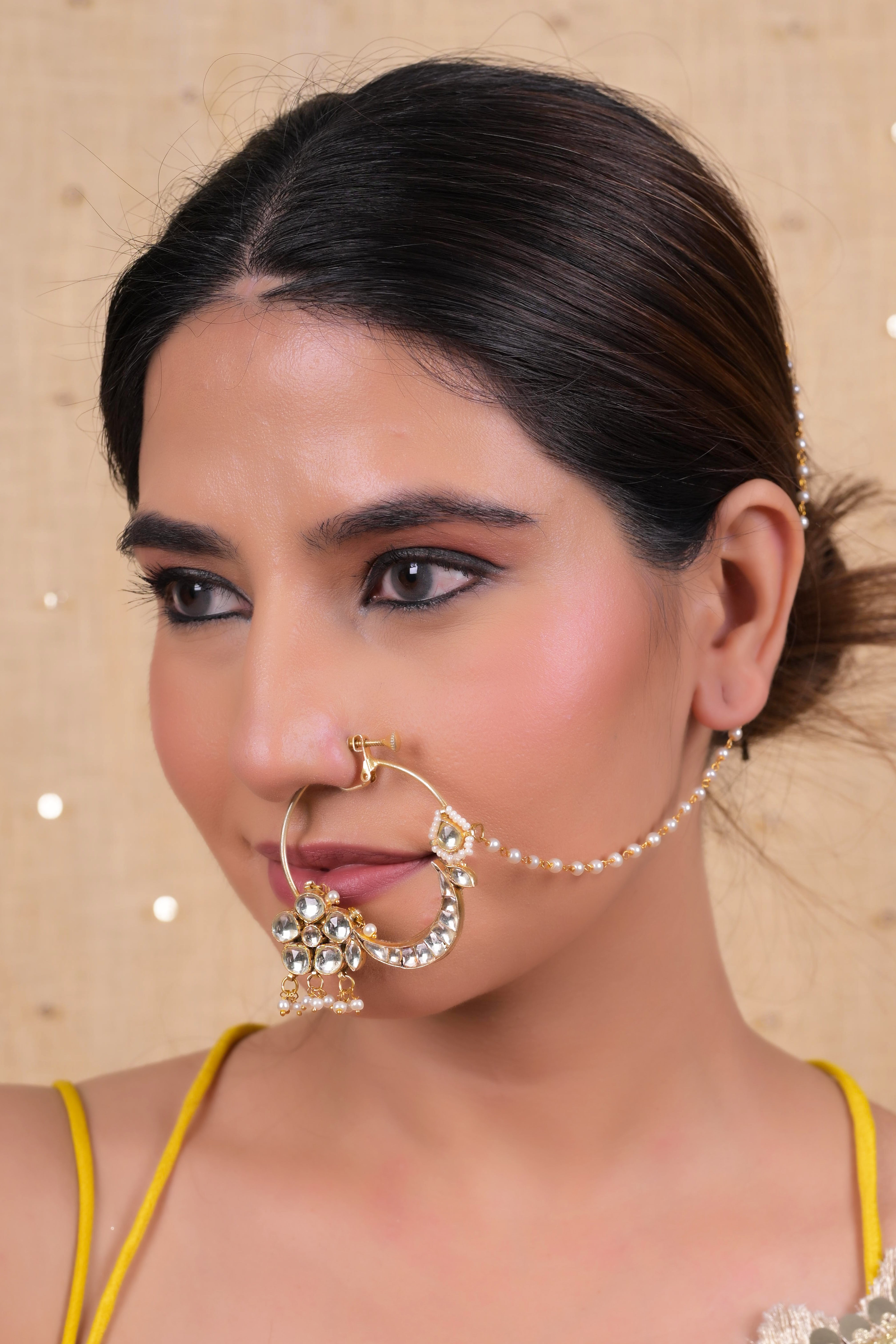 SJNR0013- White Colour Gold Plated Kundan Nose Ring
