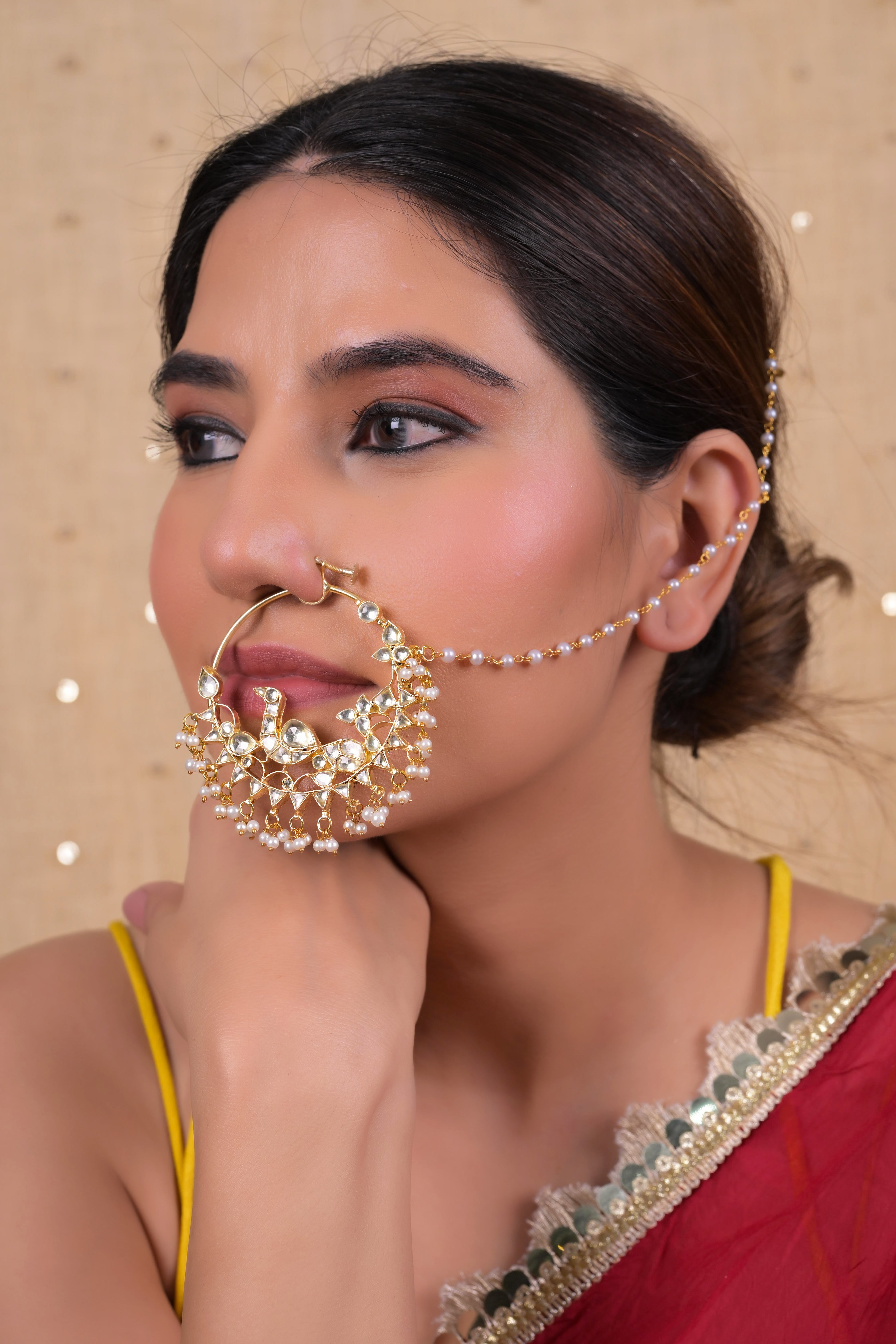 SJNR0014- White Colour Gold Plated Kundan Nose Ring