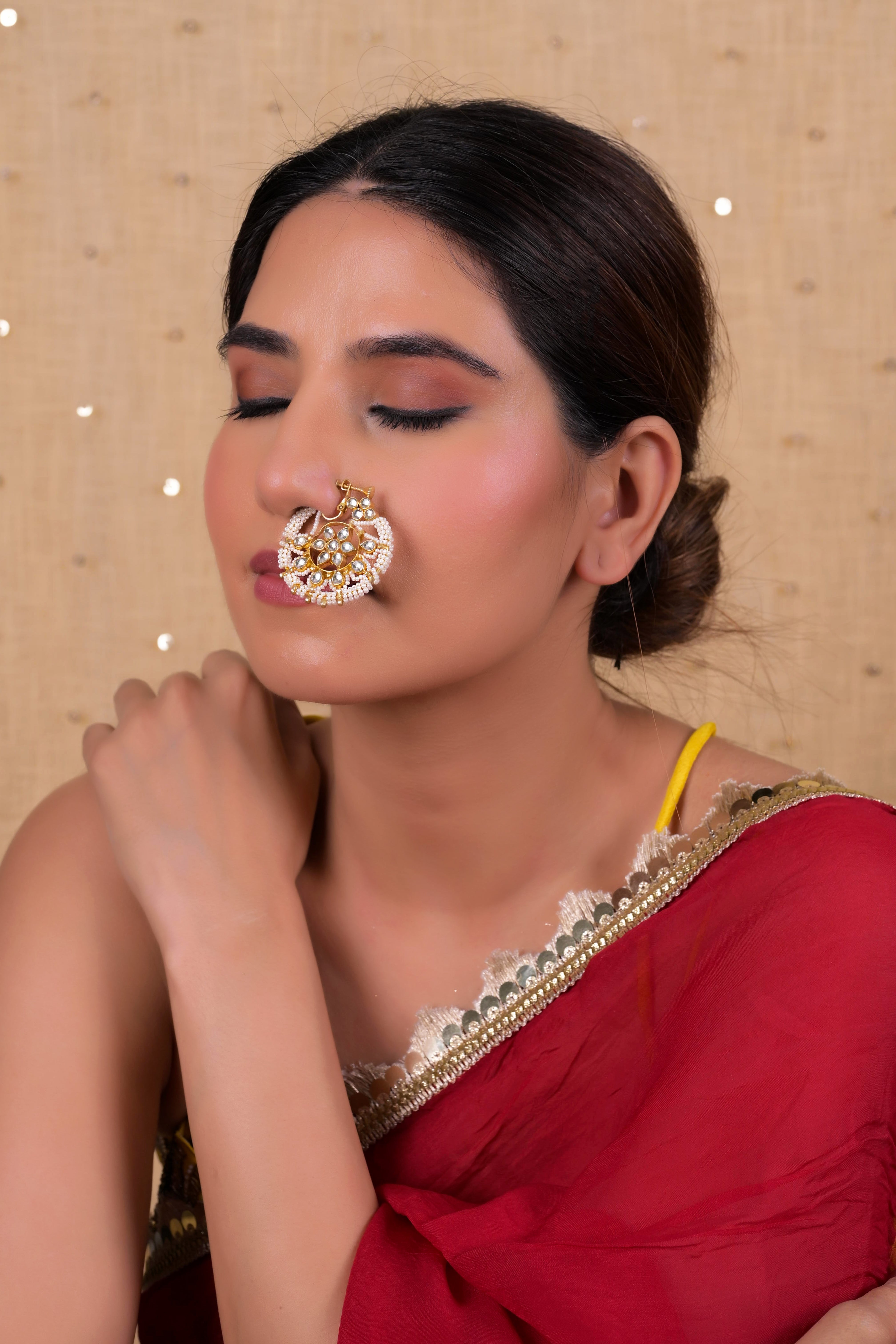 SJNR0015- White Colour Gold Plated Kundan Nose Ring