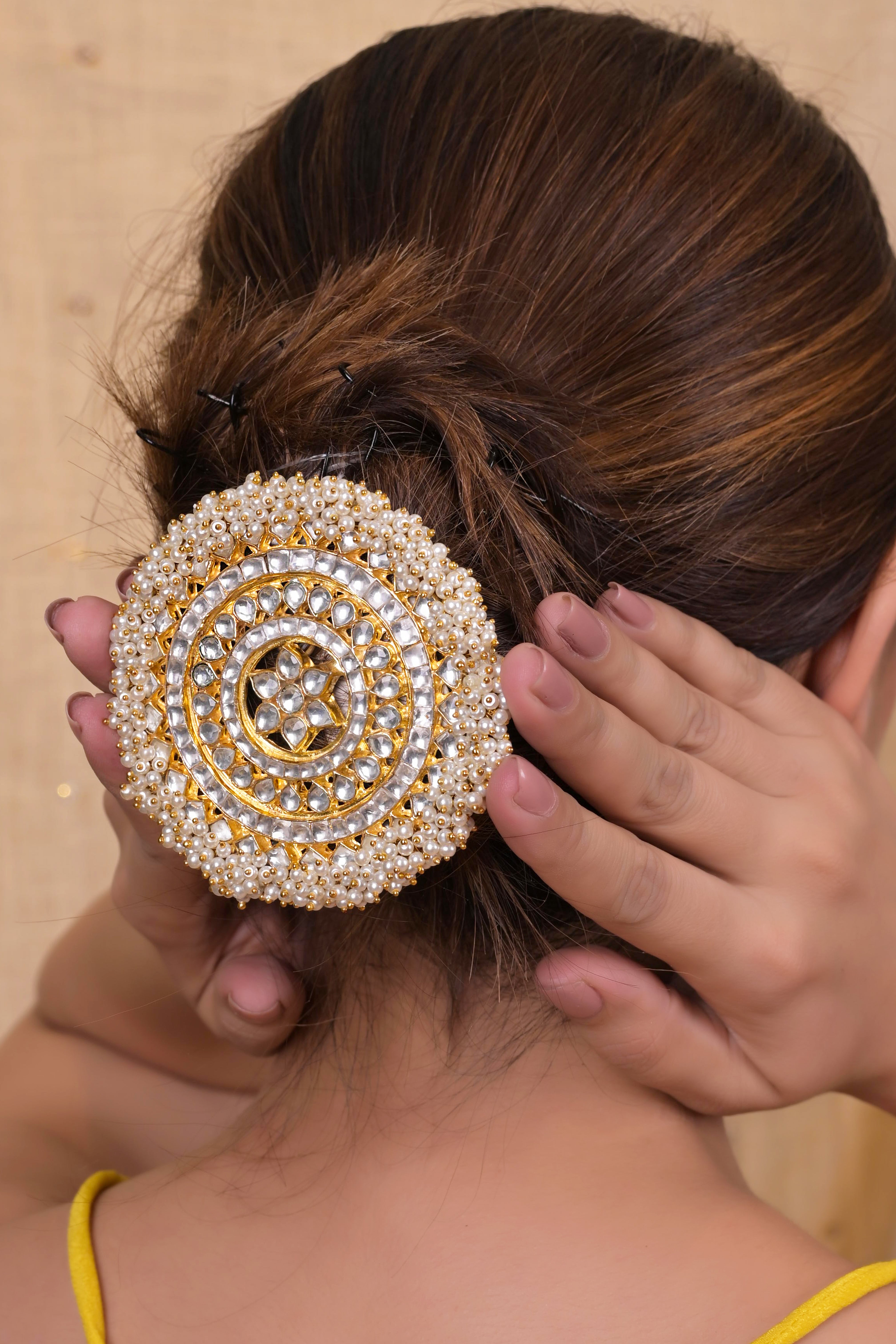SJJP1001- White Colour Gold Plated Jadau Kundan Juda Pin