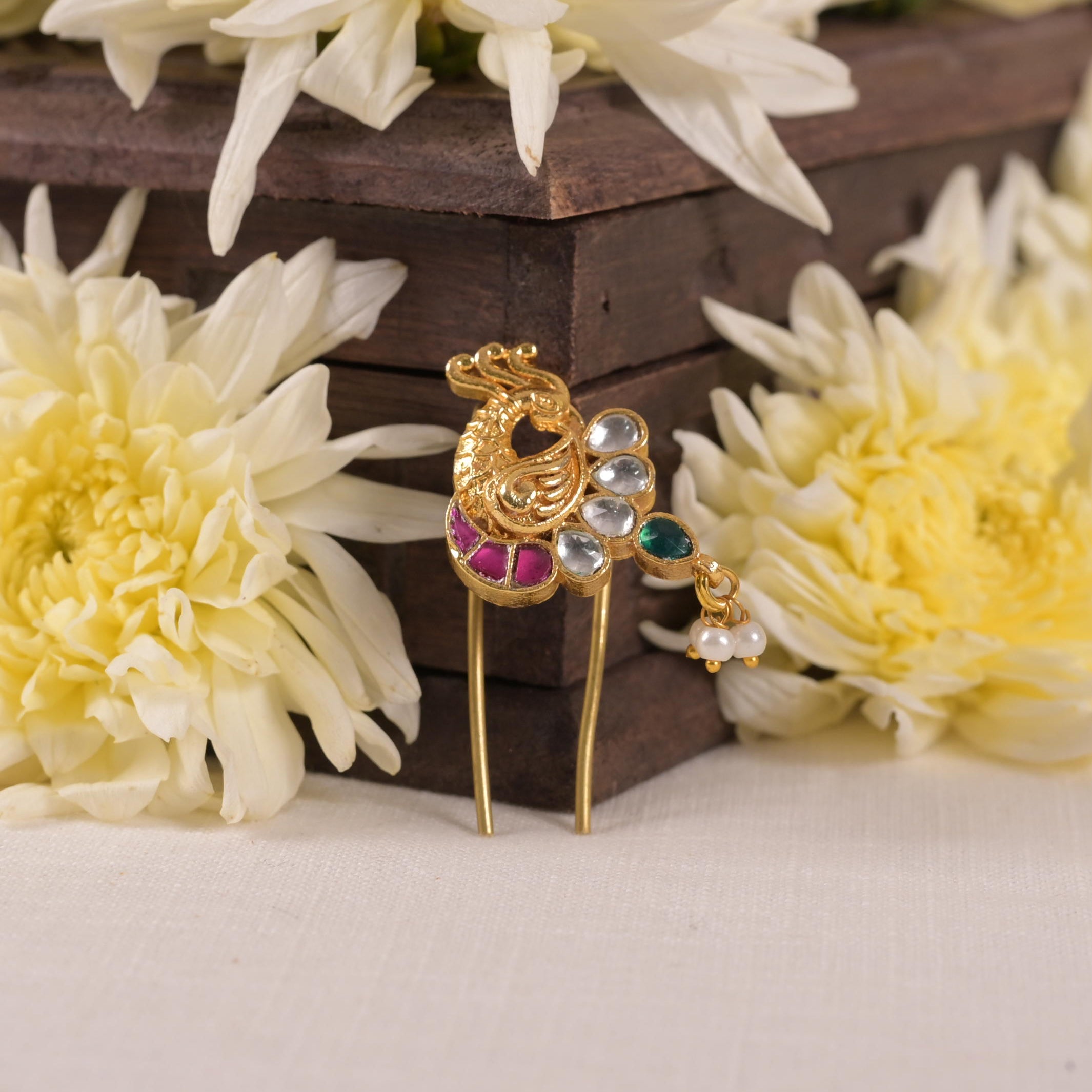 SJJP0018- Multi Colour Peacock Motif Gold Plated Jadau Kundan Juda Pin