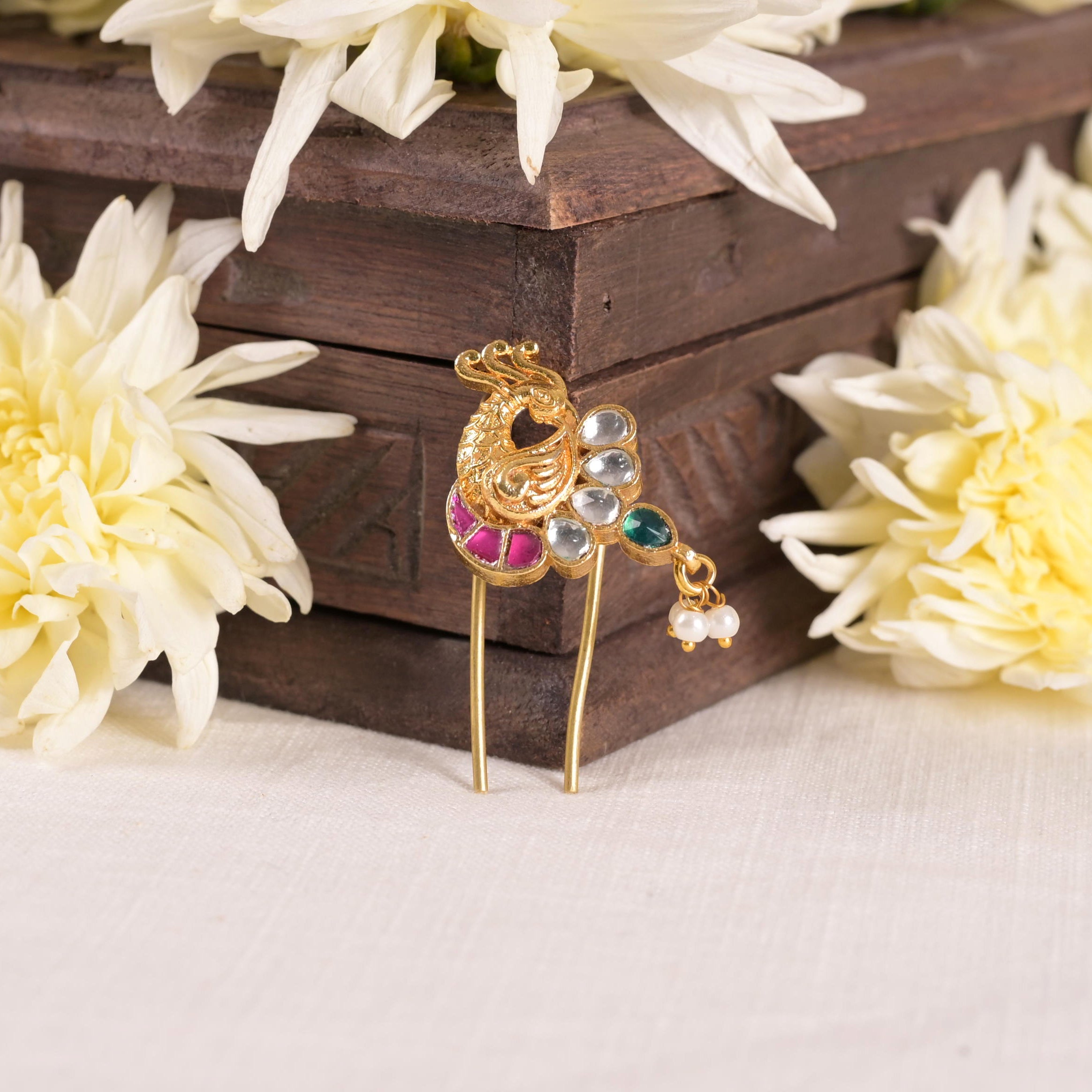 SJJP0018- Multi Colour Peacock Motif Gold Plated Jadau Kundan Juda Pin