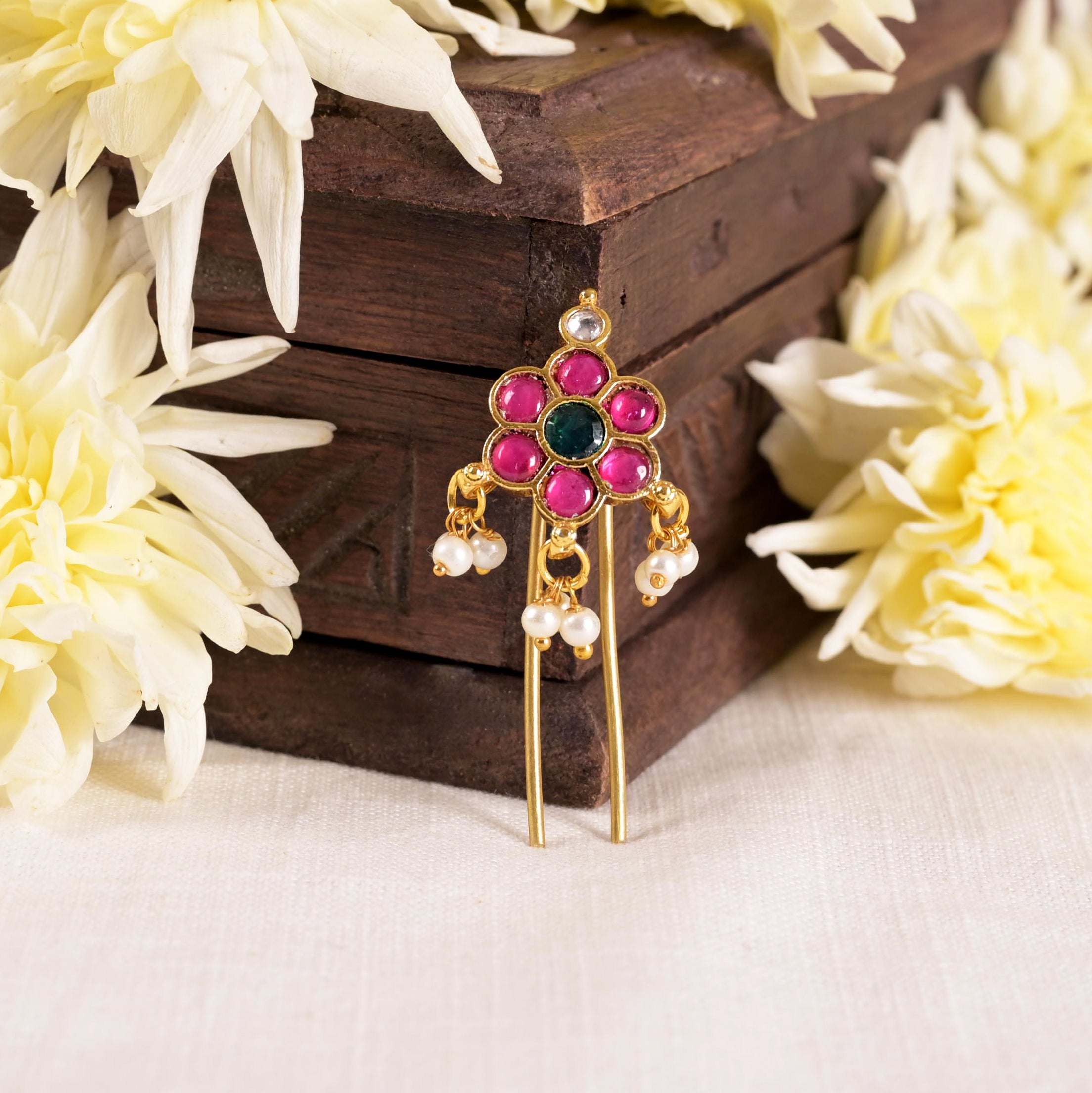 SJJP0021- Multi Colour Gold Plated Jadau Kundan Juda Pin