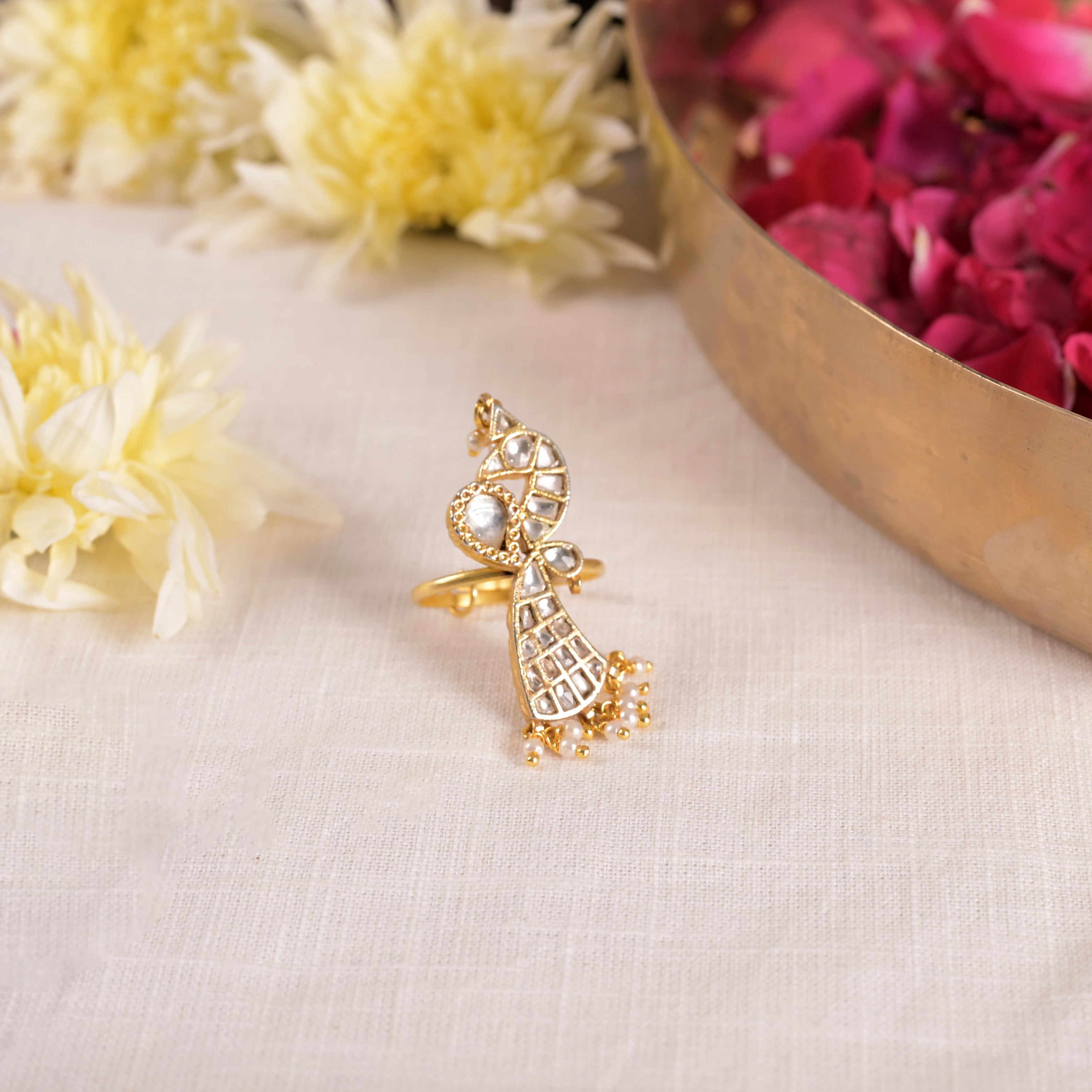 SJR0018- White Colour Peacock Motif Gold Plated Jadau Kundan Ring