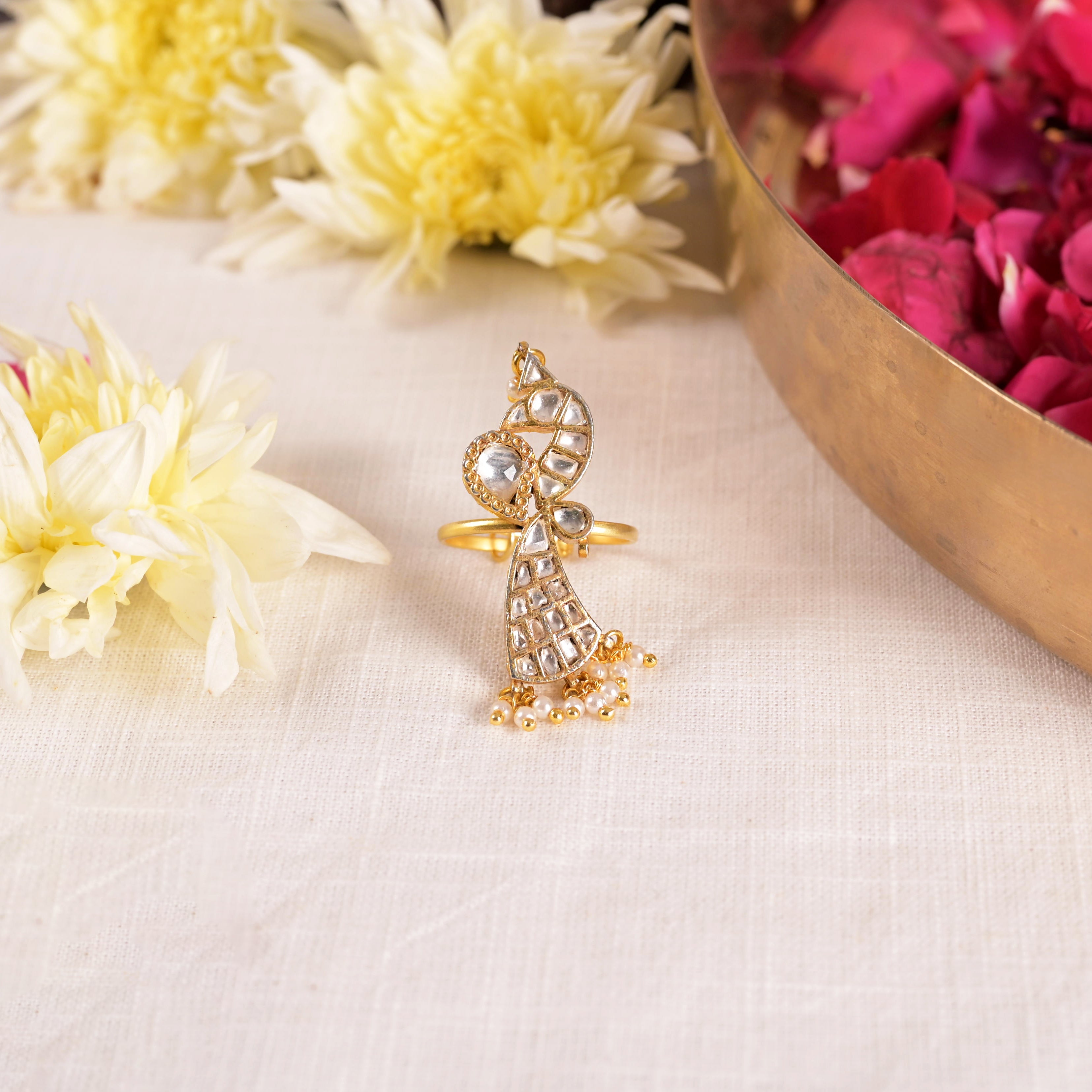 SJR0018- White Colour Peacock Motif Gold Plated Jadau Kundan Ring