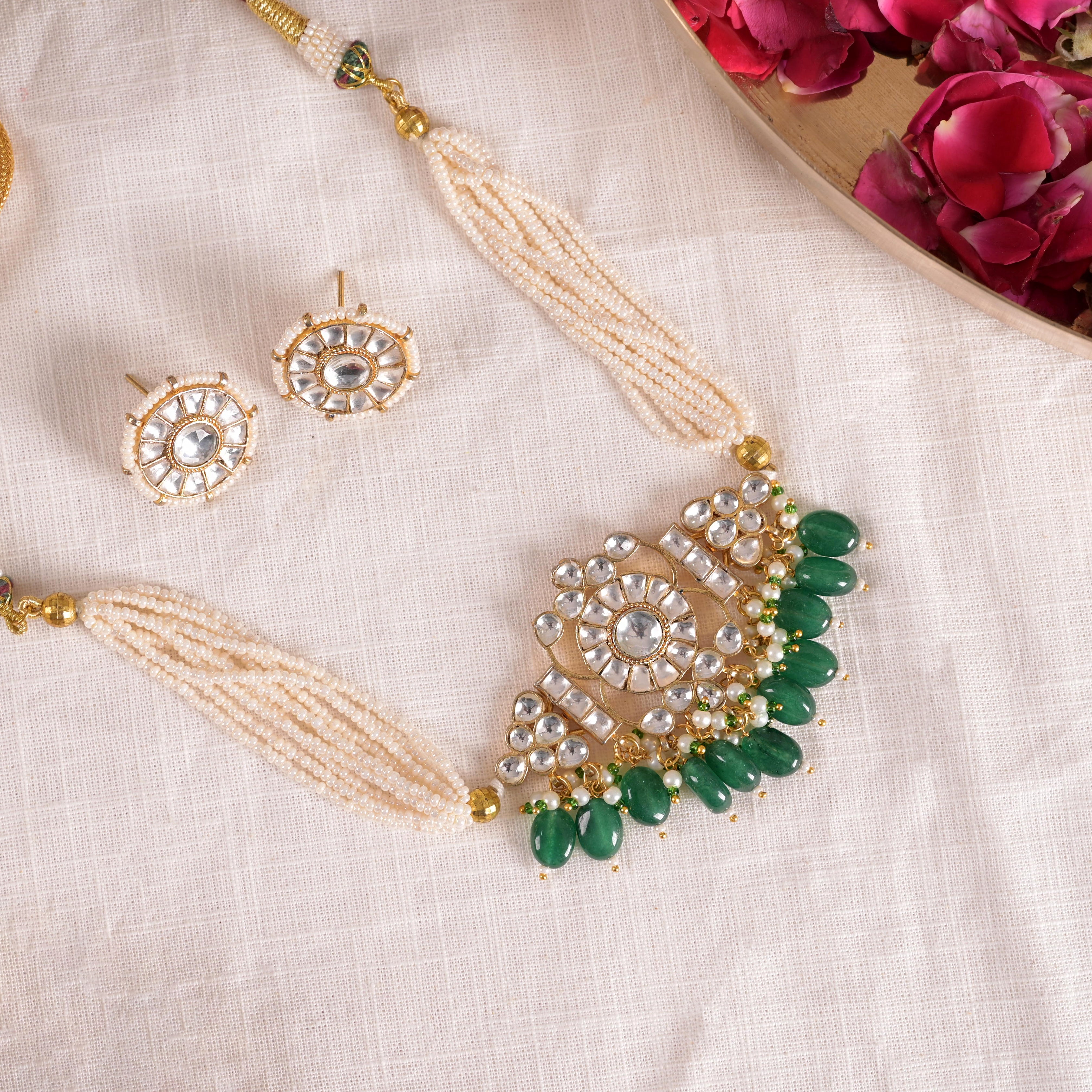 SJN1140- White and Green Colour Gold Plated Jadau Kundan Choker with Earrings