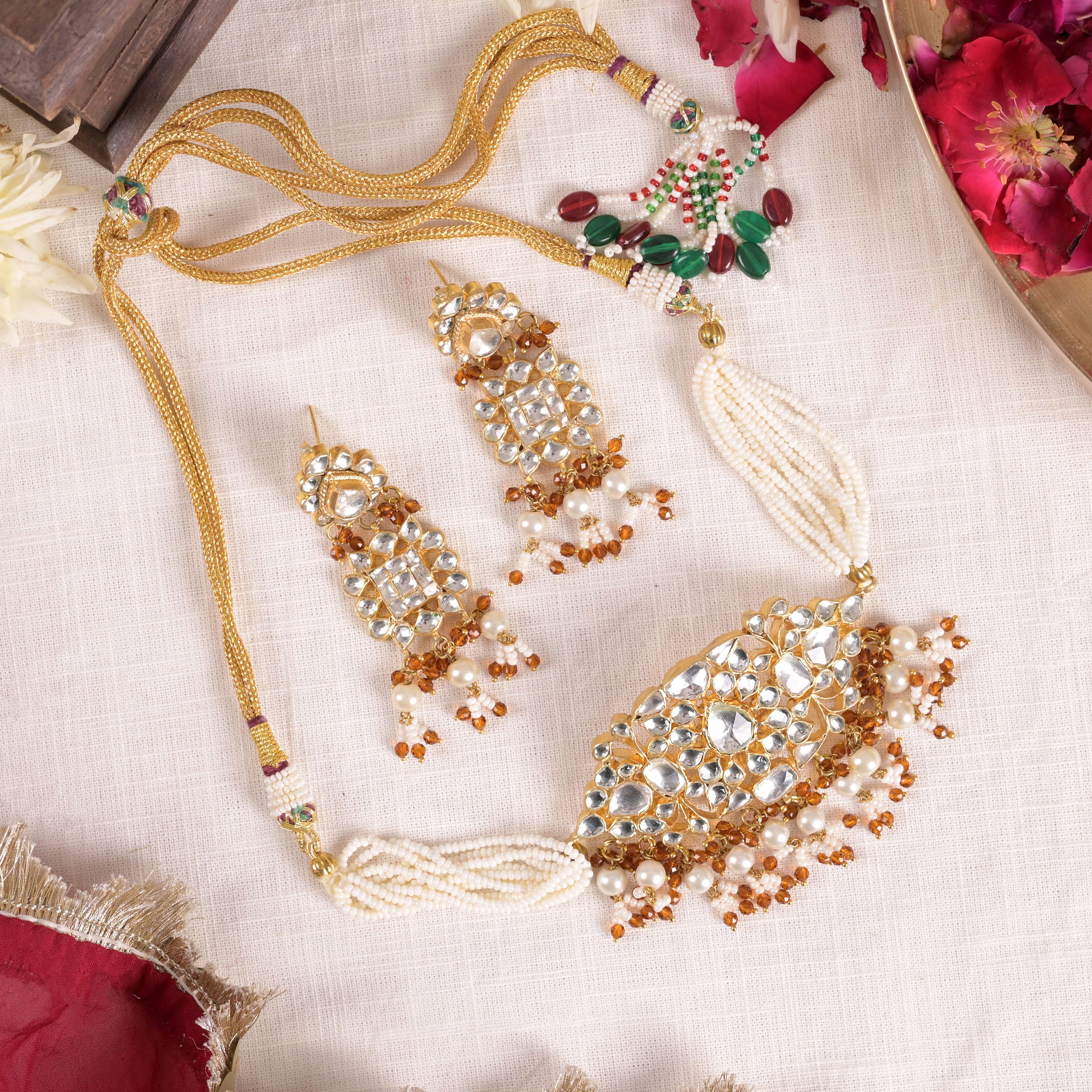 SJN1143- Brown Colour Gold Plated Jadau Kundan Choker with Earrings