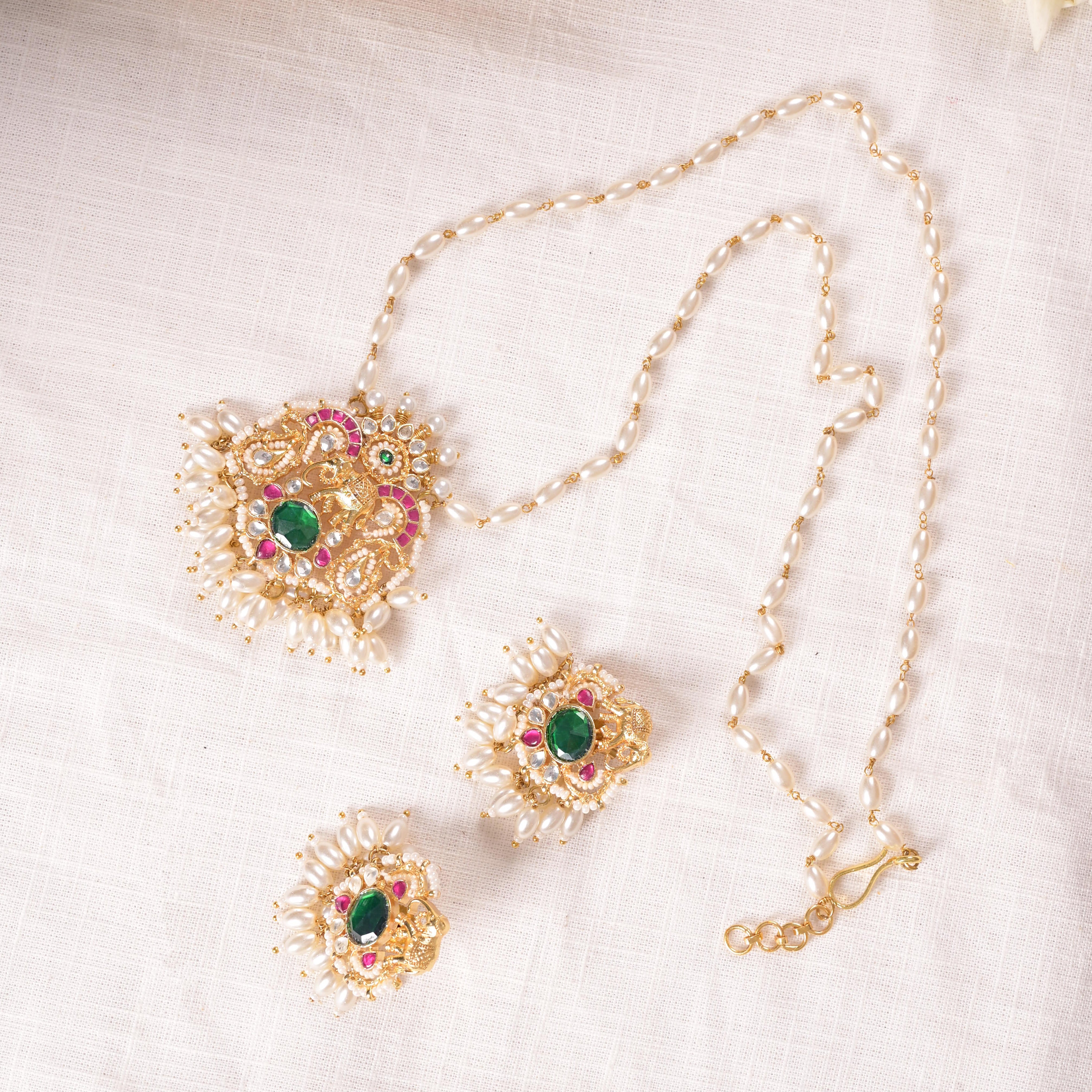 SJP1002- Multi Colour Gold Plated Jadau Kundan Pendant with Earrings