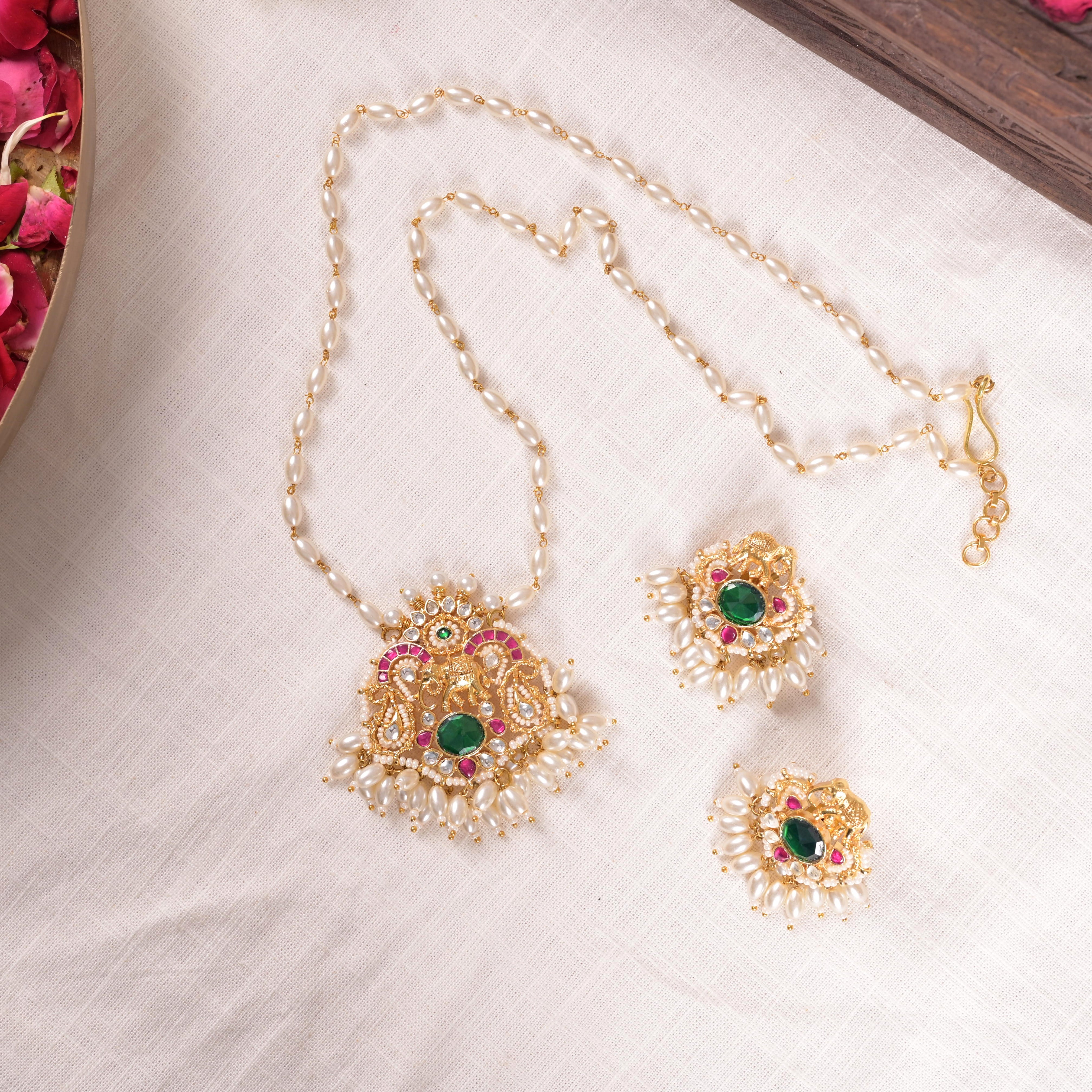 SJP1002- Multi Colour Gold Plated Jadau Kundan Pendant with Earrings