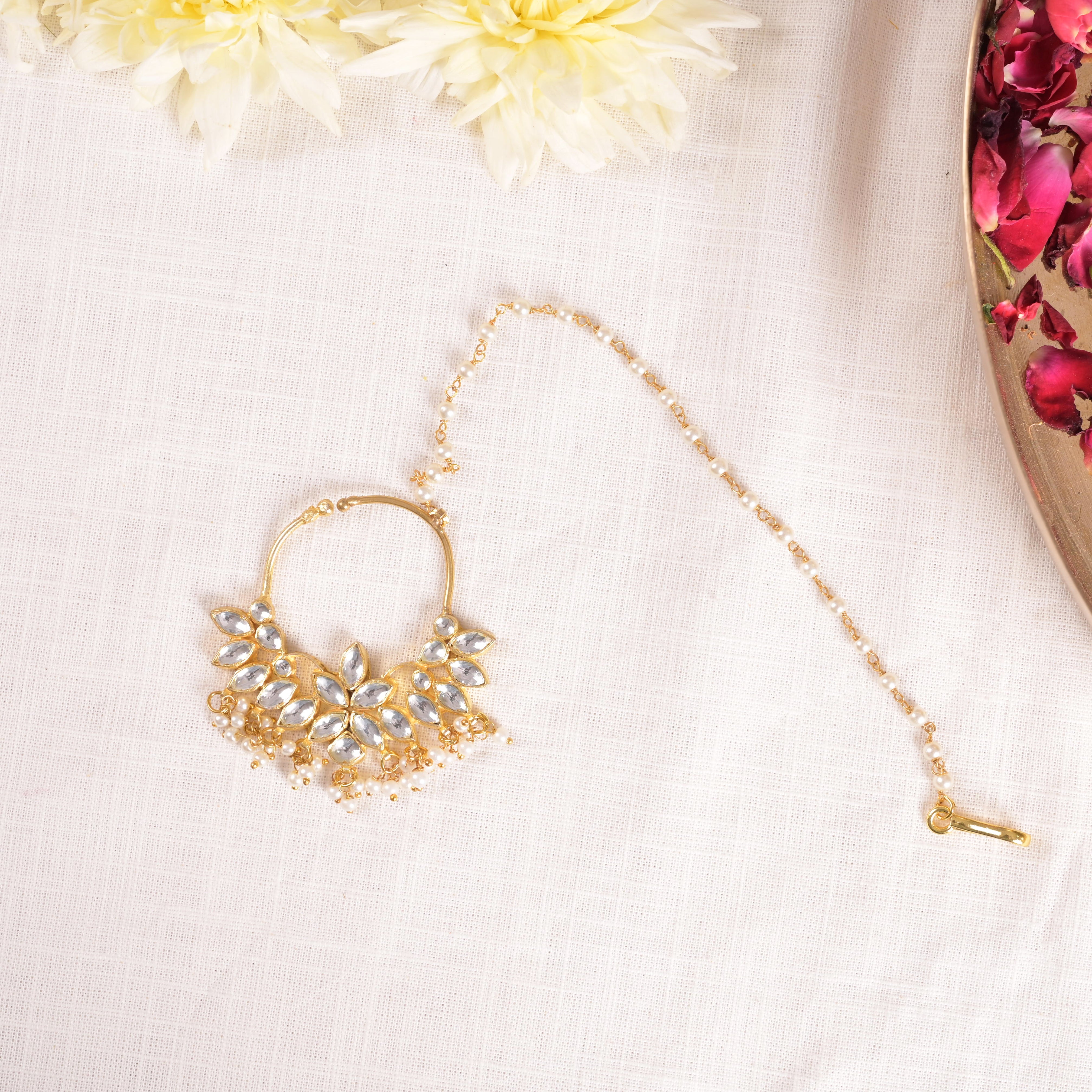 SJNR0016- White Colour Gold Plated Kundan Nose Ring