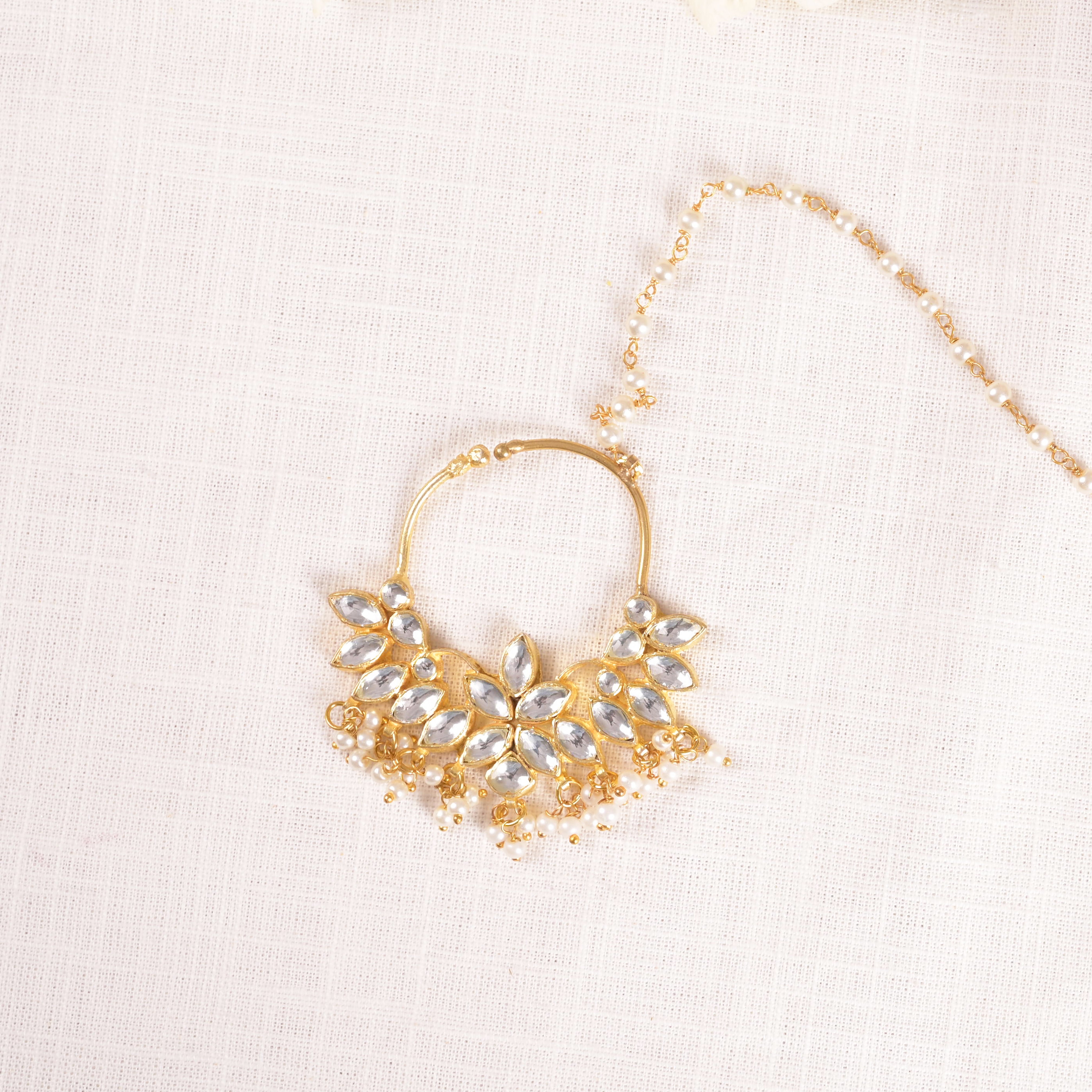 SJNR0016- White Colour Gold Plated Kundan Nose Ring