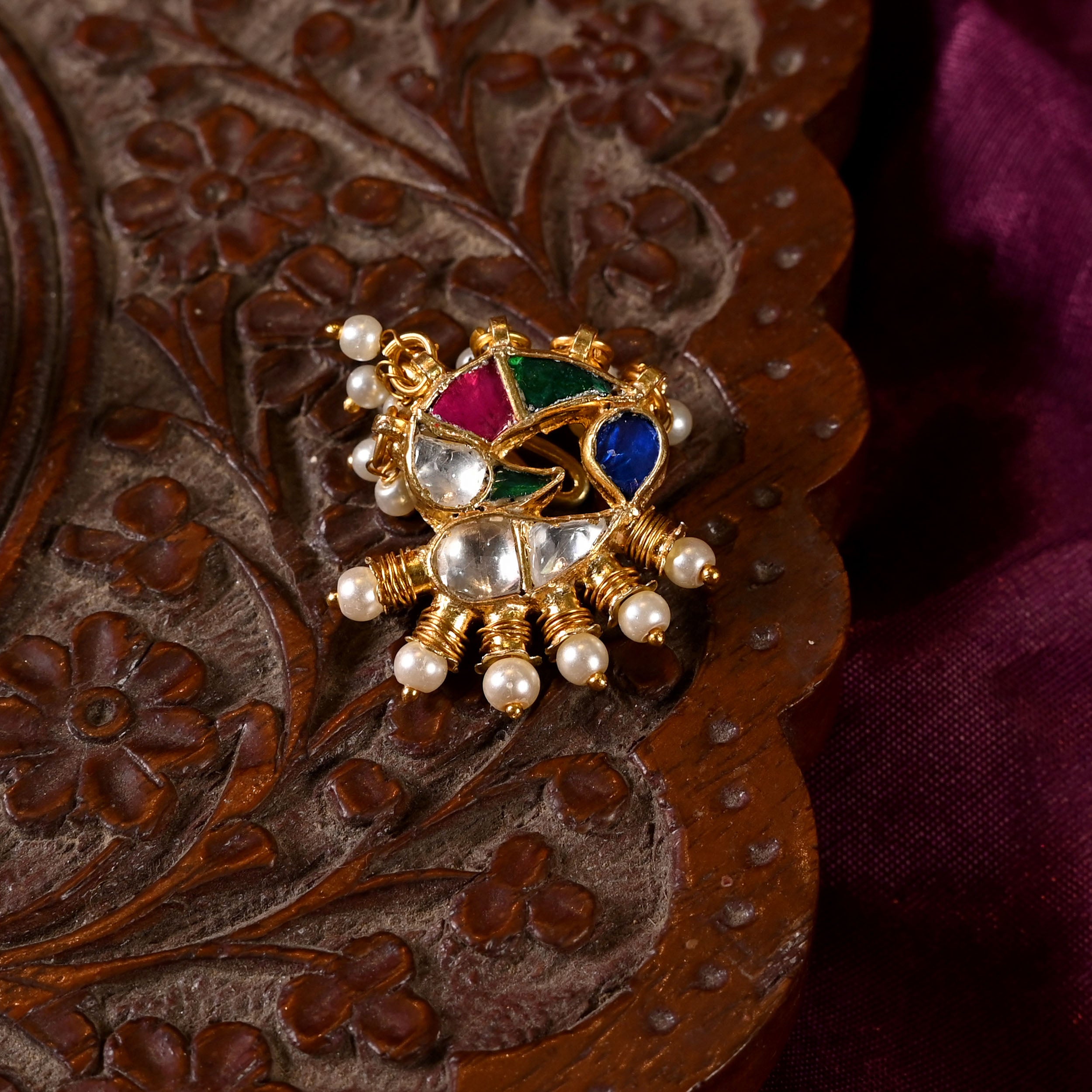 SJNR0006- Multi Colour Gold Plated Jadau Kundan Nose Pin
