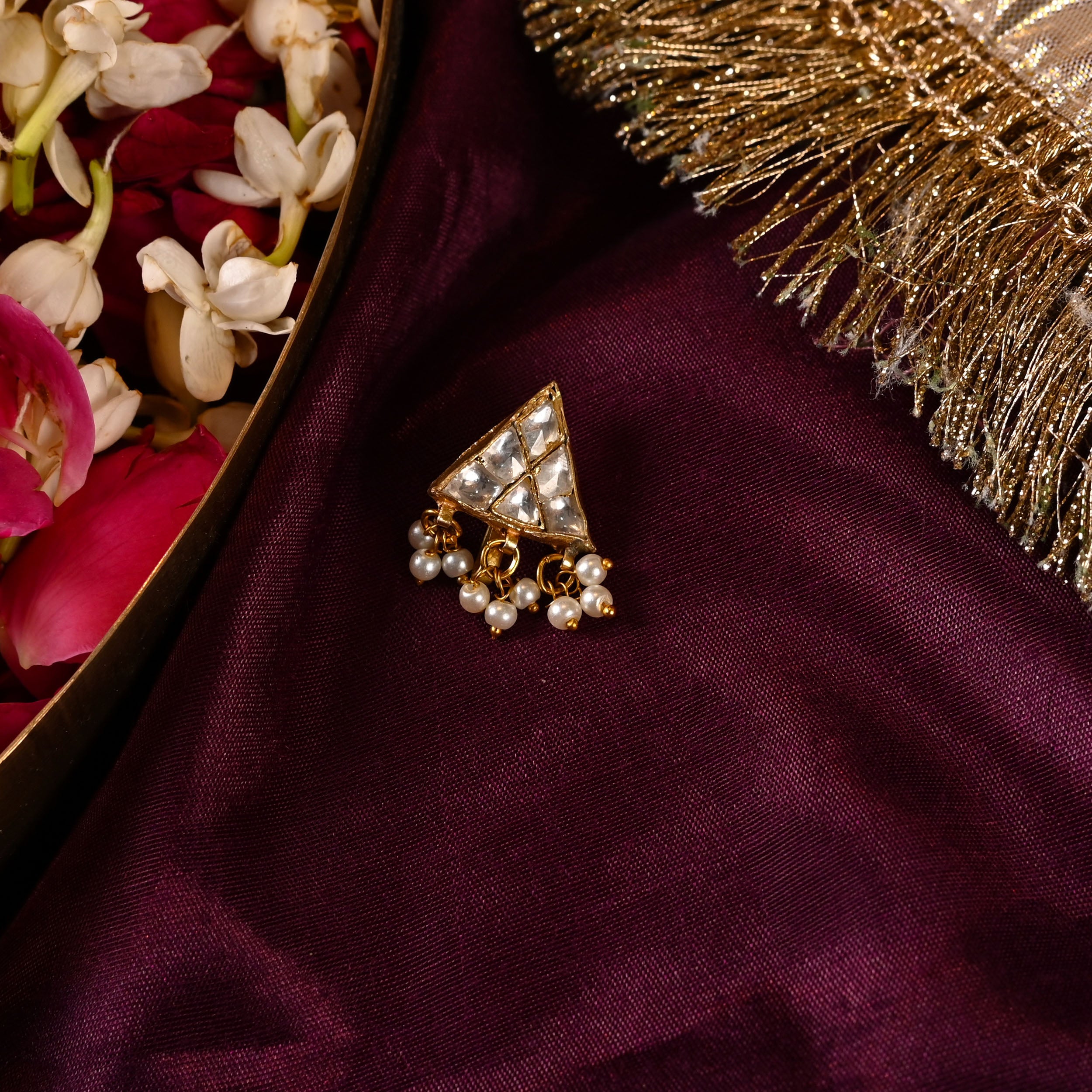 SJNR0009- White Colour Gold Plated Jadau Kundan Triangle Nose Pin
