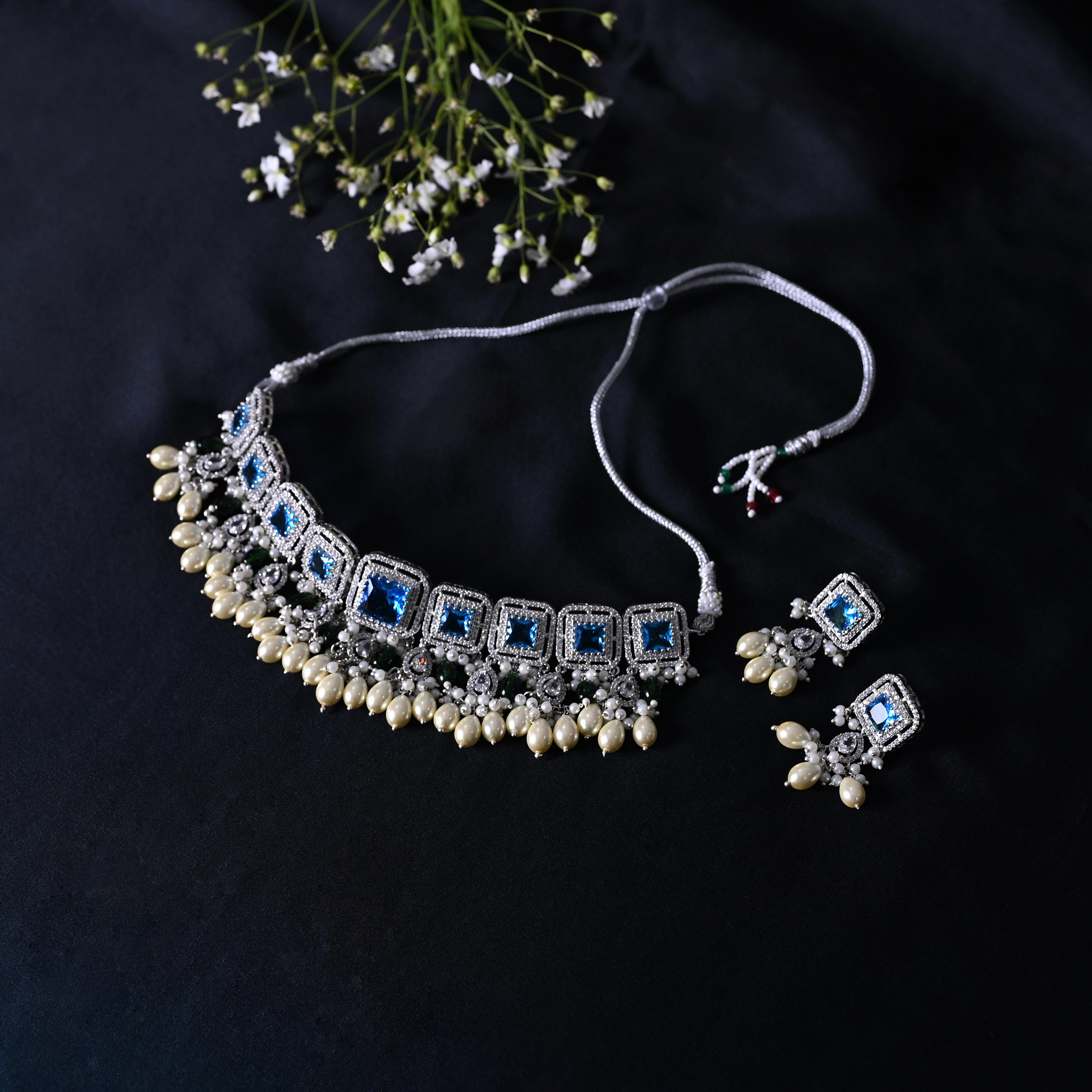 SJN1062- Purple Colour Silver Plated Faux Diamond Choker with Earrings