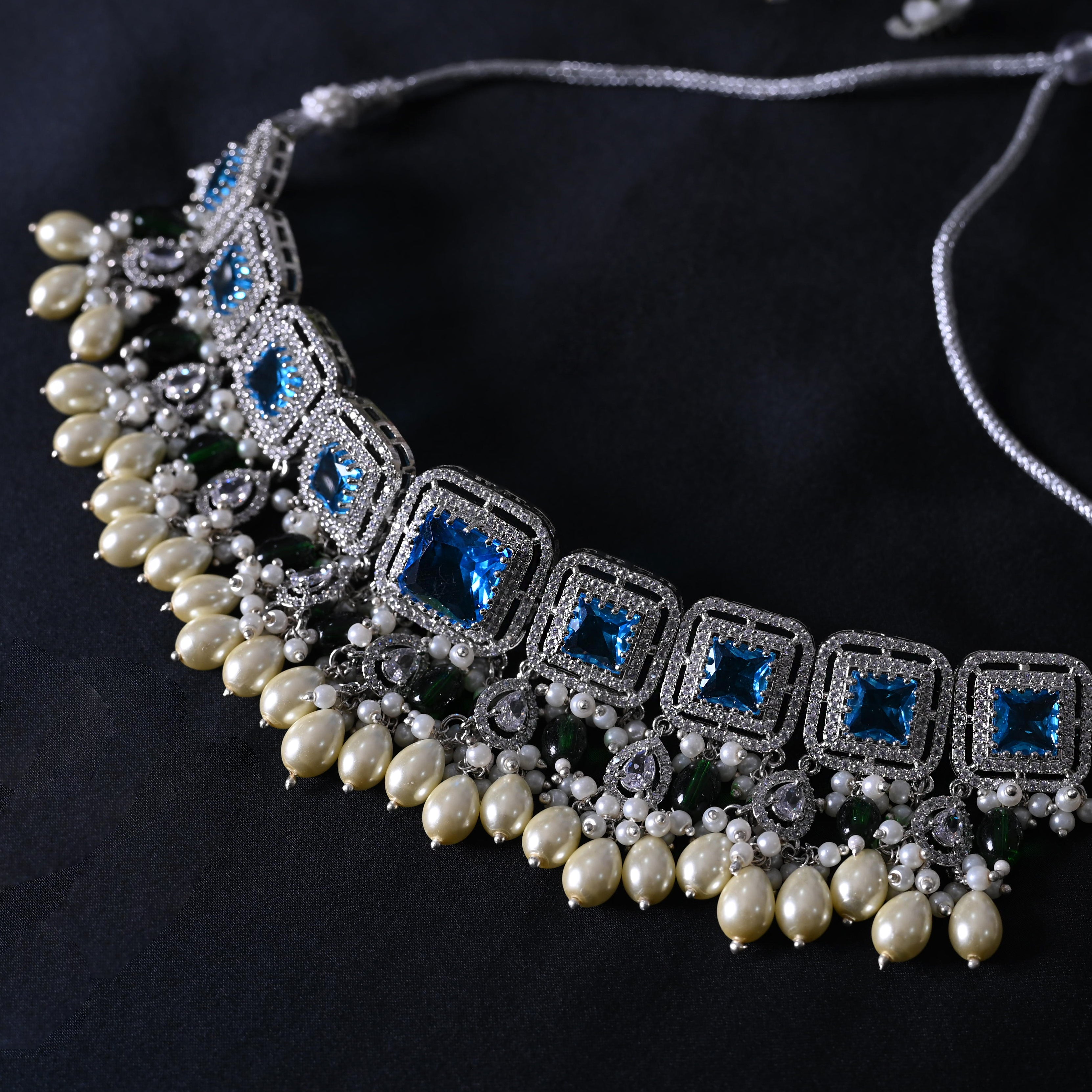 SJN1062- Light Blue Colour Silver Plated Faux Diamond Choker with Earrings