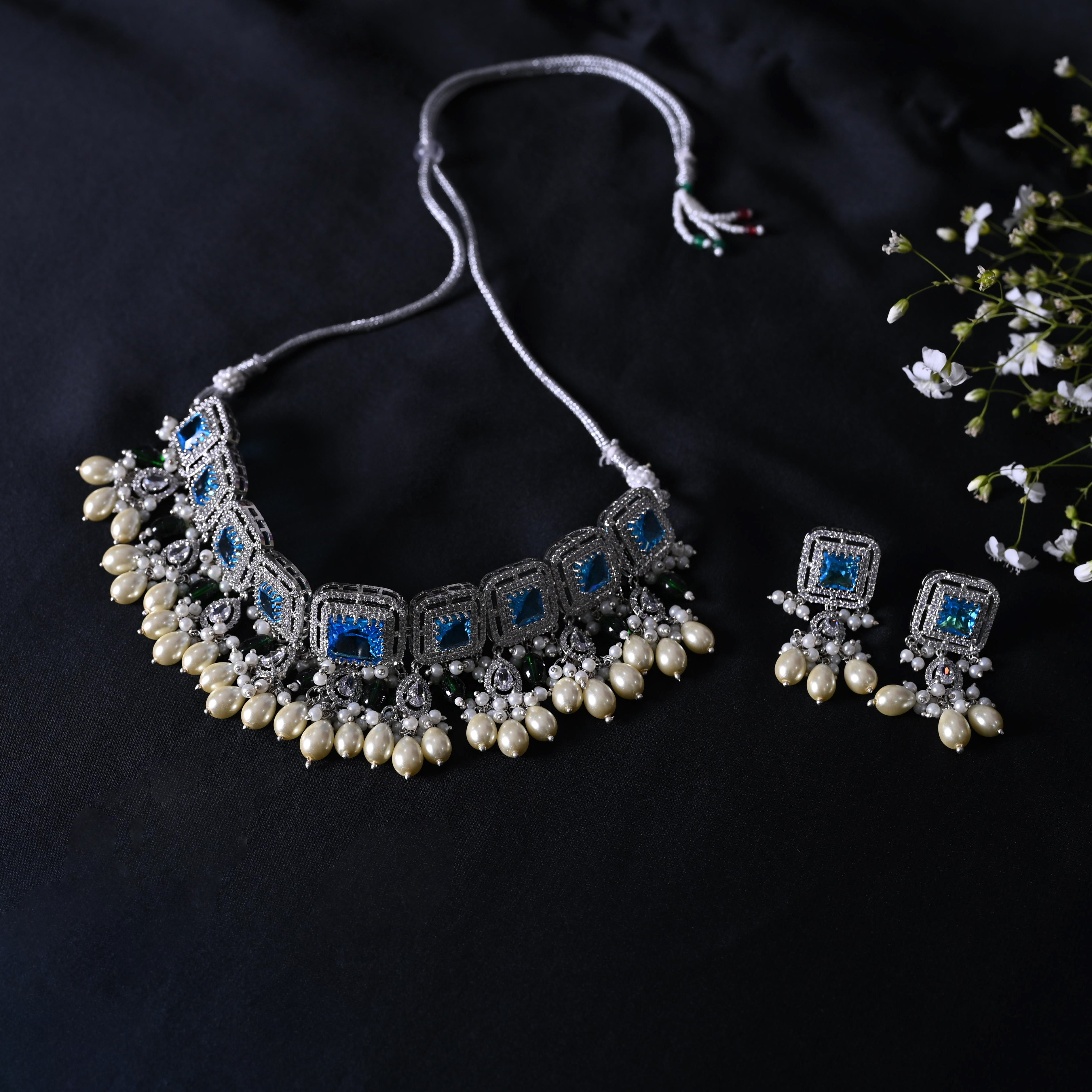 SJN1062- Light Blue Colour Silver Plated Faux Diamond Choker with Earrings