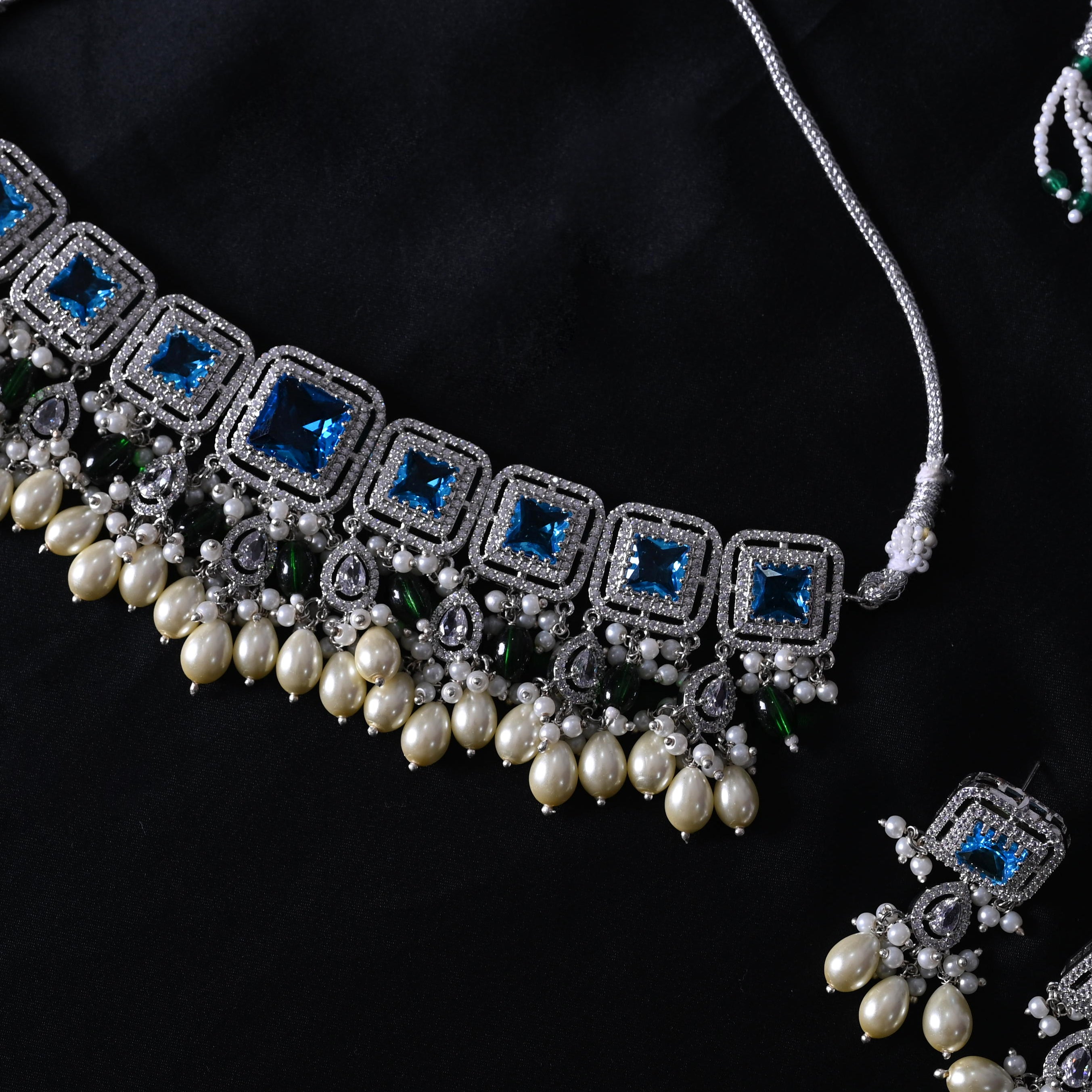 SJN1062- Light Blue Colour Silver Plated Faux Diamond Choker with Earrings
