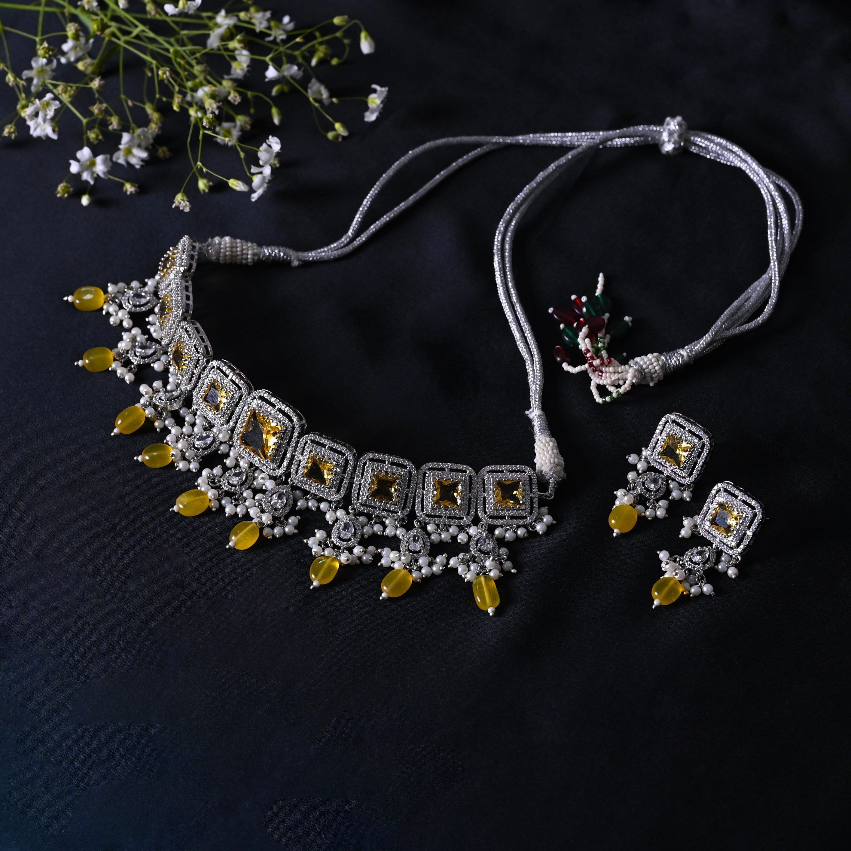 SJN1062- Purple Colour Silver Plated Faux Diamond Choker with Earrings