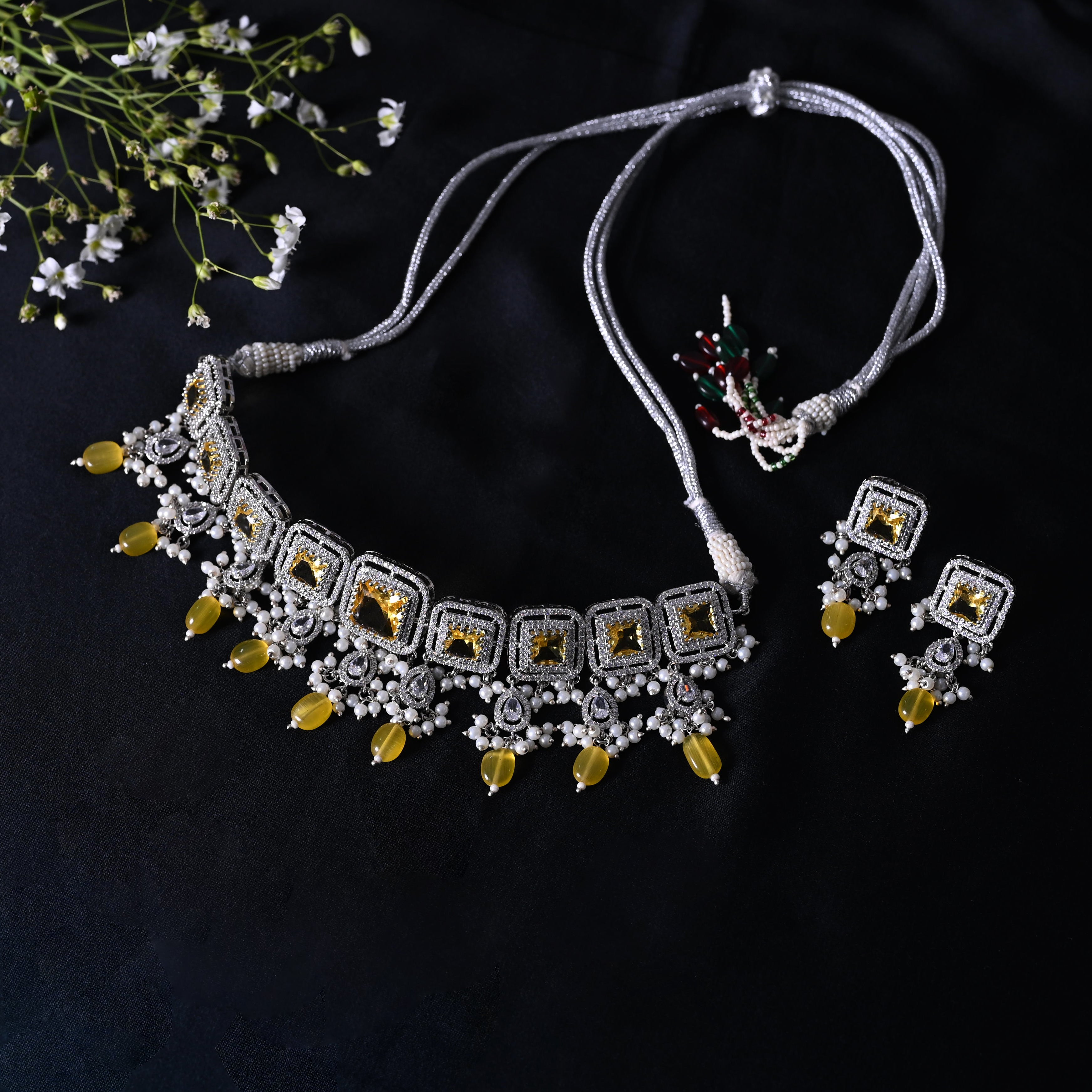 SJN1062- Yellow Colour Silver Plated Faux Diamond Choker with Earrings