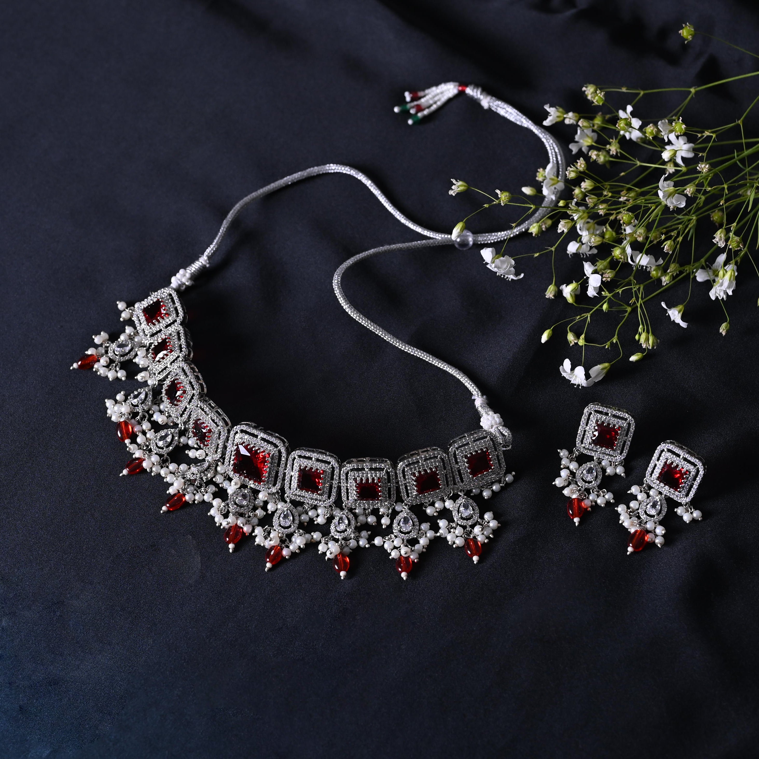 SJN1062- Ruby Colour Silver Plated Faux Diamond Choker with Earrings