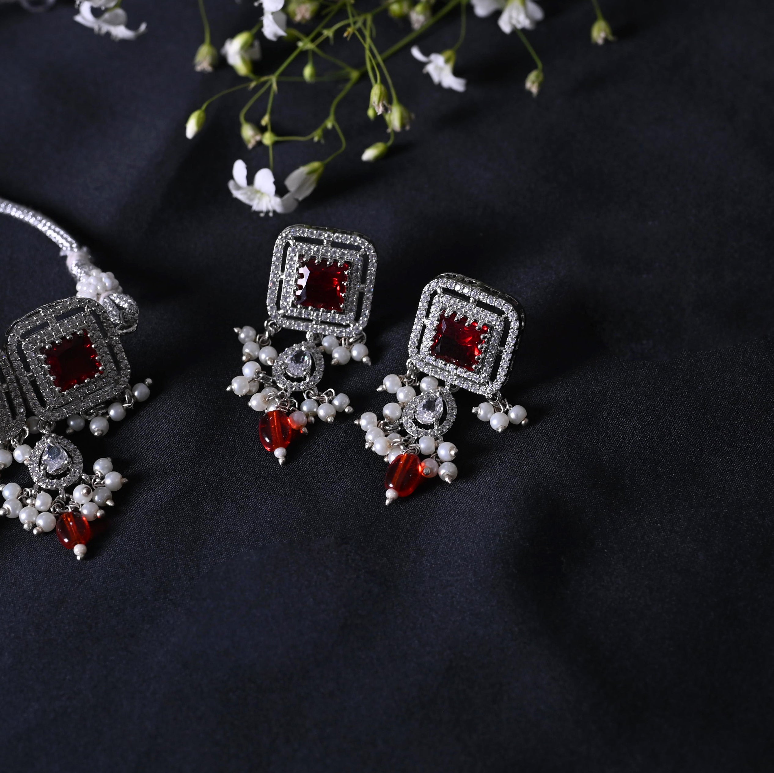 SJN1062- Ruby Colour Silver Plated Faux Diamond Choker with Earrings
